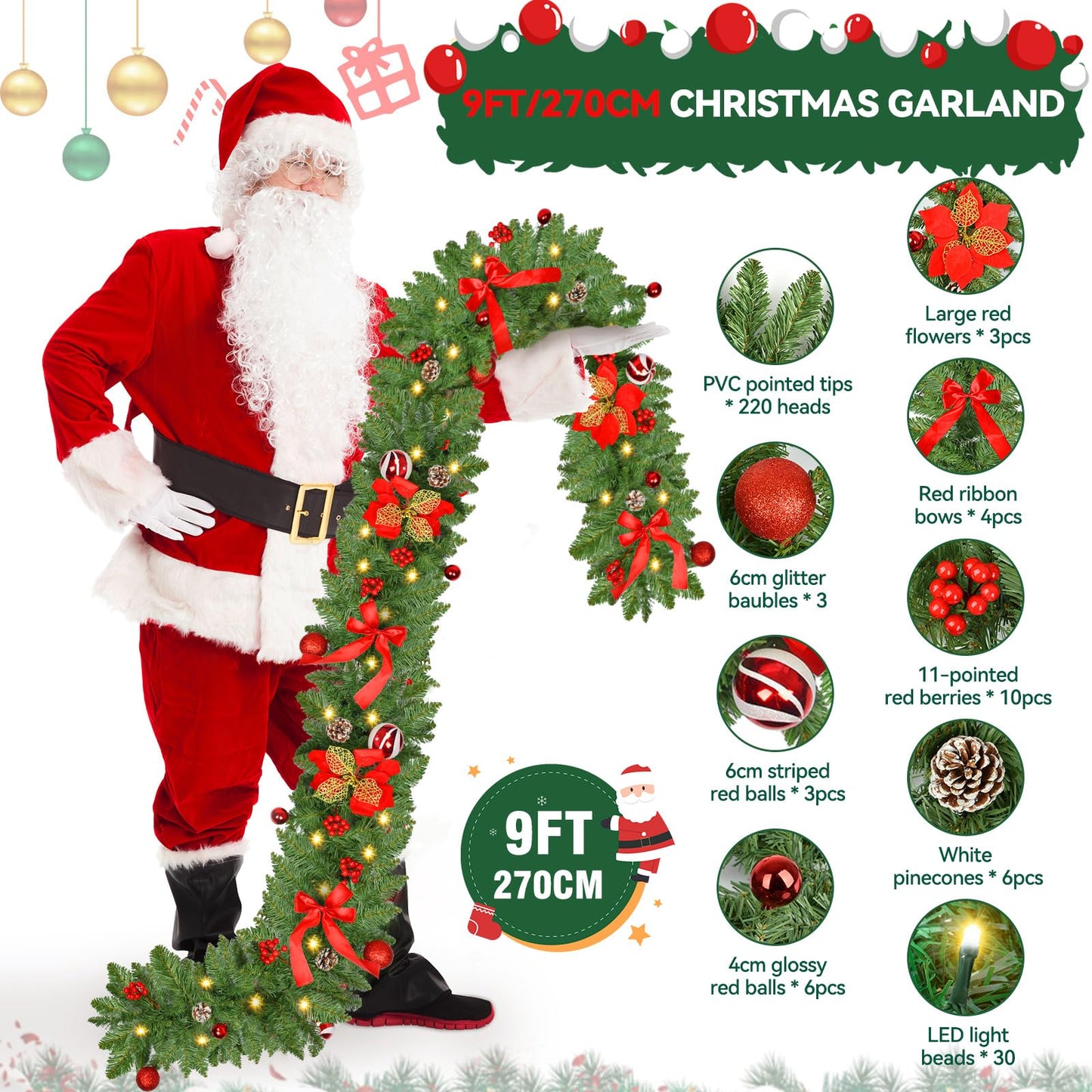 Christmas Garland with Lights 9FT Timer Prelit Garland Battery Operated Outdoor Indoor Christmas Decorations 30 LEDs Lighted Garland for Stairs Railing Fireplace Mantle Front Door Home Holiday Decor