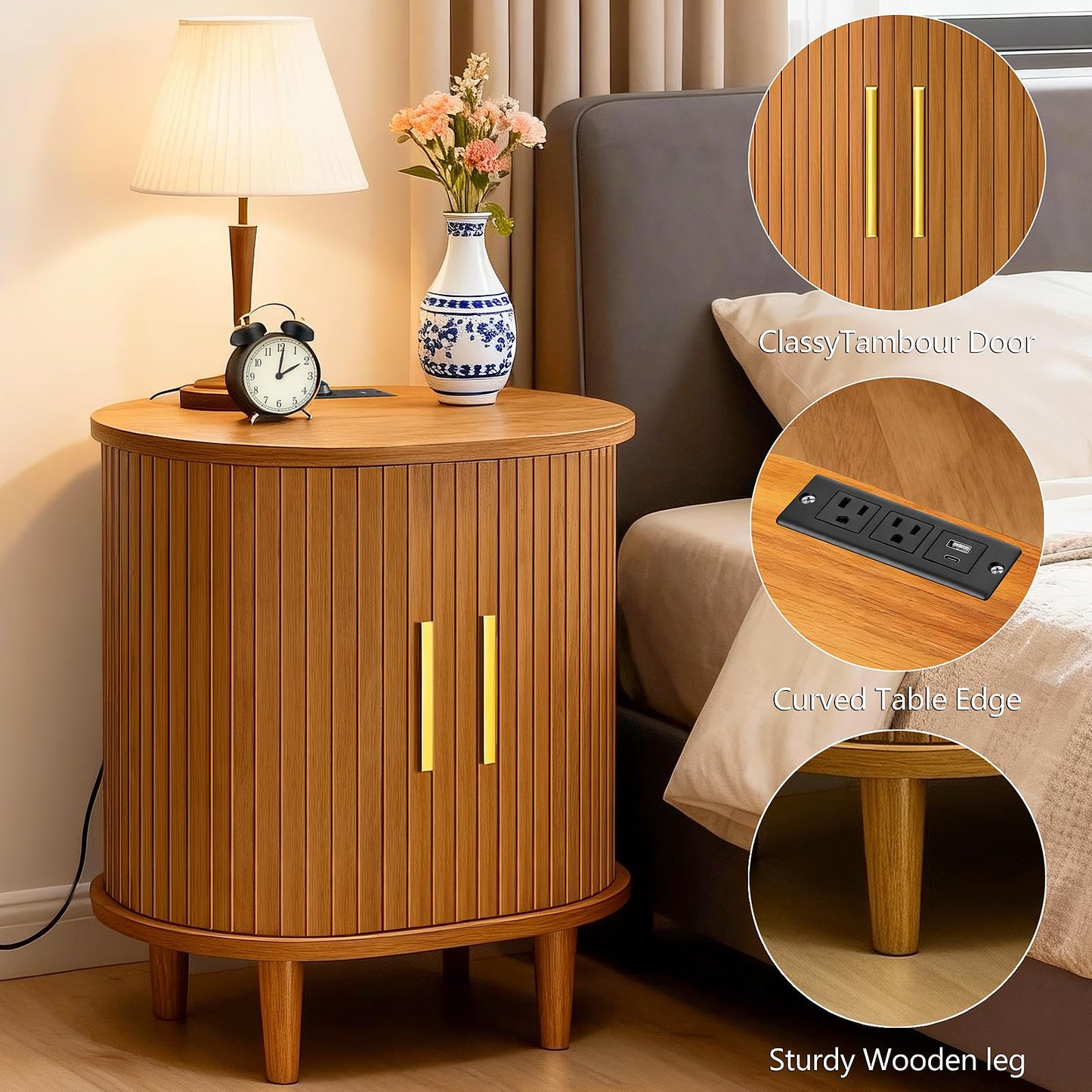 DHH Mid Century Modern Nightstand with Charging Station, Fluted Accent Side Table with Sliding Door & Adjustable Shelf, End Table for Small Space, Living Room, Bedroom,Sofa Couch(1, Yellow)