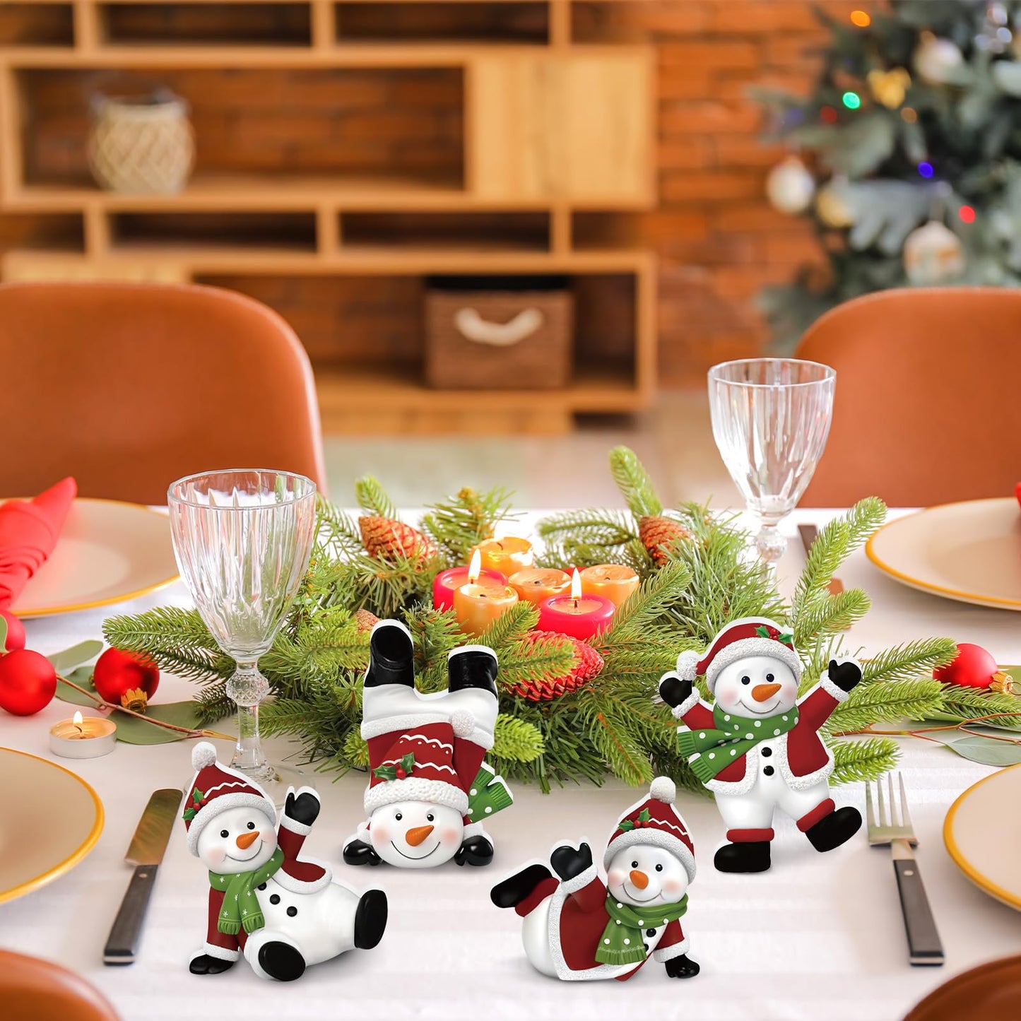 DoubleFill 4 Pcs Christmas Snowman Figurines Table Top Set Sitting Laying Standing Tabletop Decoration Wooden Snowman Statue Decor for Winter Holiday Mantle Desk Shelf Party Decoration