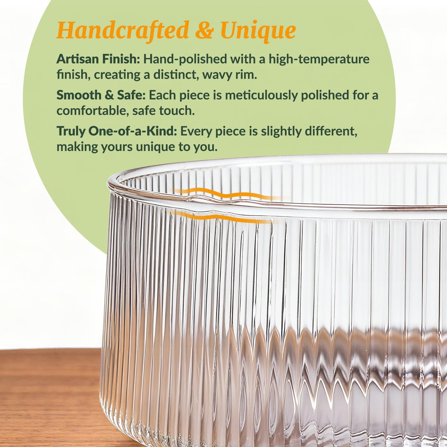 NiHome Extra Large Glass Salad Bowl with Natural Acacia Wood Base, Ribbed Design Oversized Capacity for Family Dinners, Parties, Multipurpose for Serving Salads, Fruits, Wine(Separate-Piece Design)