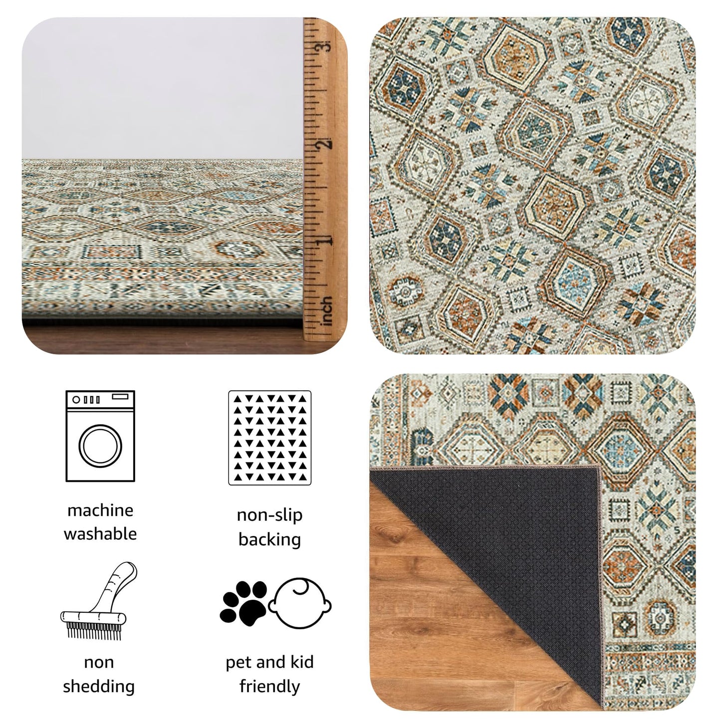 Keen Home Design 3x5 Rug - Machine Washable Entry Rug with Non-Slip Backing, Ideal for Enteryway, Kitchen, Bathroom, Laundry Room - Vintage, Easy Clean, Durable, Low Pile Rug - (3' x 5')