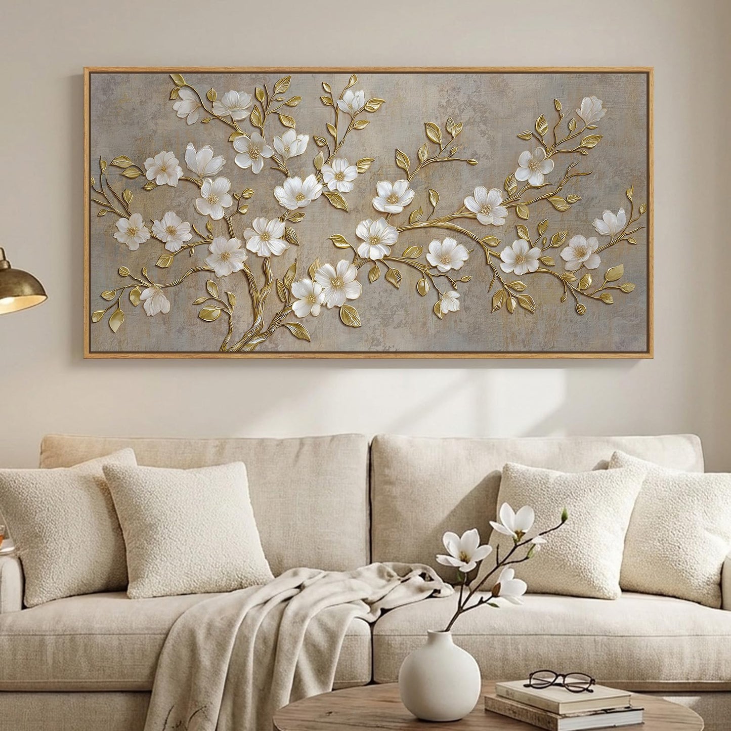 Large Framed Neutral Botanical Wall Art for Living Room, Rustic Elegant Magnolia Floral Canvas Prints Paintings, White Flower with Gold Branches Pictures for Dining Room Office Wall Decor, 60x30 Inch