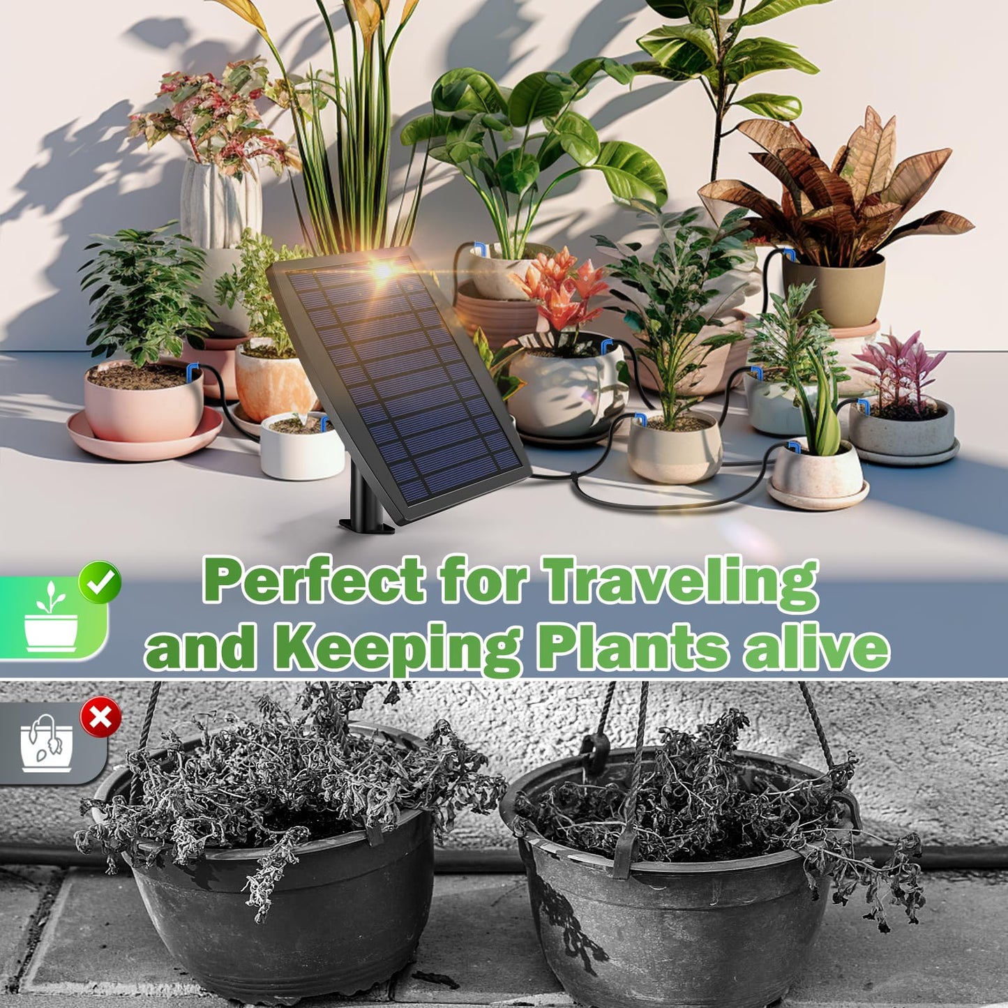 IPOW 50 Days Extra-Long Standby Time Supports 20~30 Pots 100% Anti-Siphoning Solar Irrigation System Automatic Watering System for Balcony, Indoor & Outdoor Plants, Garden, and Potted Plants