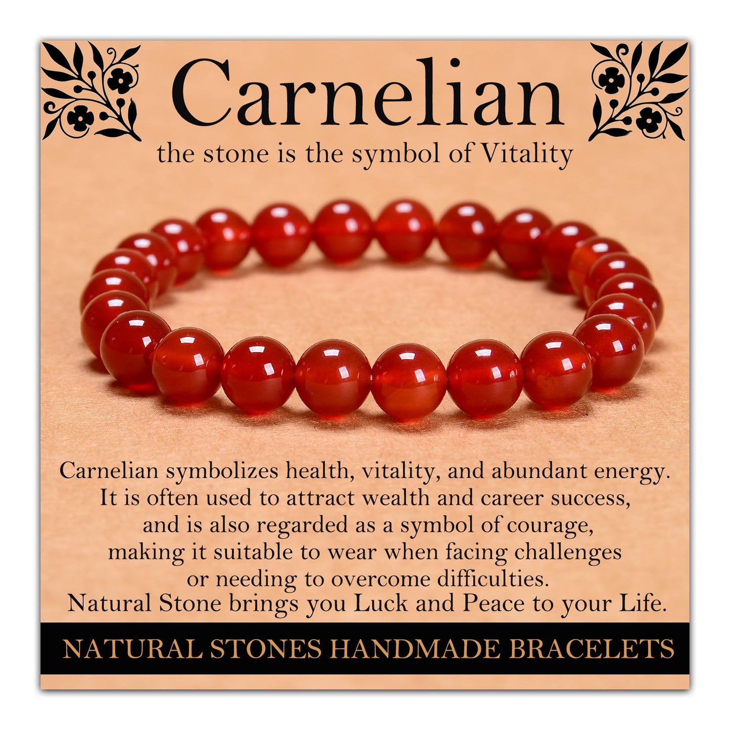 Handmade Natural Gemstone Elastic Bracelet - Healing Crystal Beads Jewelry, Unisex (Carnelian, 8mm)
