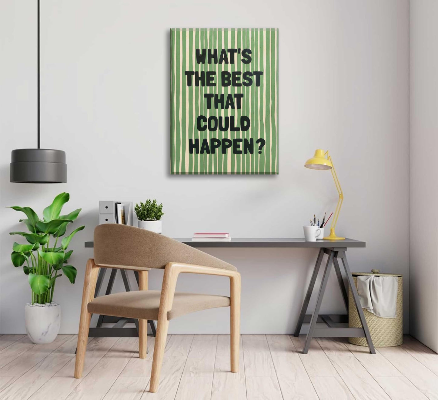 What's The Best That Could Happen Wall Art Green Striped Positive Quotes Canvas Wall Decor Funky Preppy Picture Prints Inspirational Quotes Poster Painting for Bedroom Living Room Picture Framed