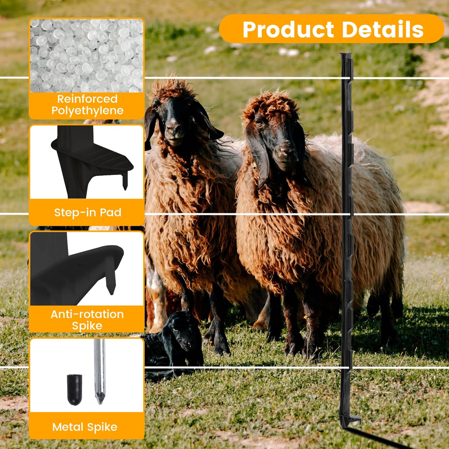 Toriexon Electric Fence Posts 25 Pack, 48 inch Step in Fence Post, Temporary Plastic Fence Posts for Farm Protection, Sturdy Fencing Post for Garden Yard, Black