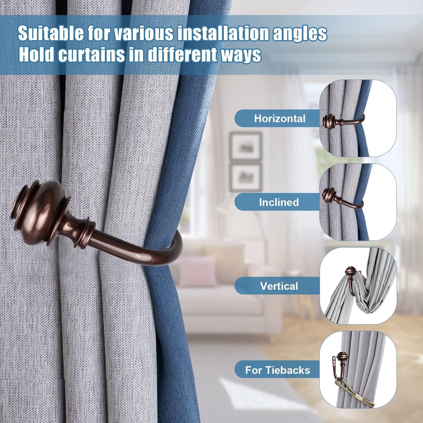 Kowibcl 2Pcs Curtain Holdbacks - Wall Mounted Drapery Tiebacks with Screws, Decorative Curtain Holders for Bedroom Livingroom Office Home,Medium Bronze