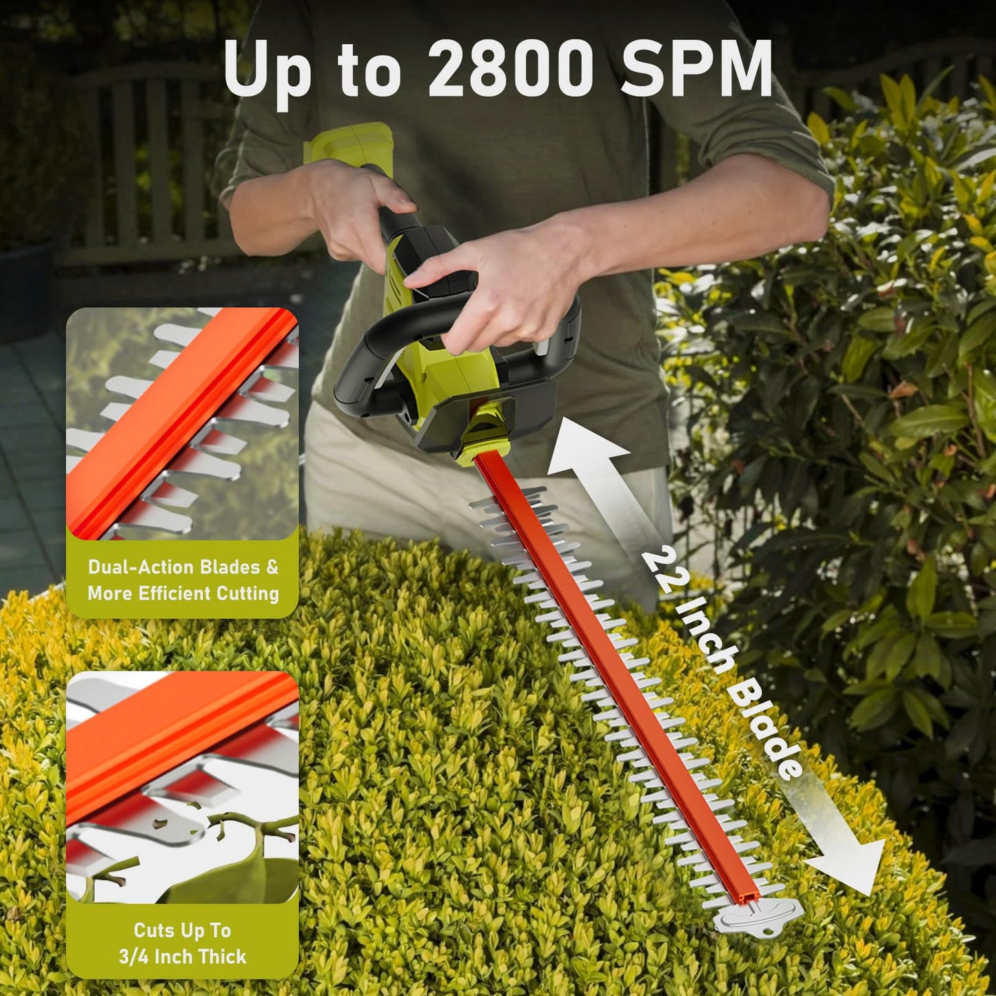 22 Inch Hedge Trimmer Cordless with 2 Batteries and Charger, 20V Handheld Electric Hedge Trimmer with Dual-Action Blades, Lightweight Bush Trimmer Pruning Shears Grass Cutter Shrub for Yard and Garden