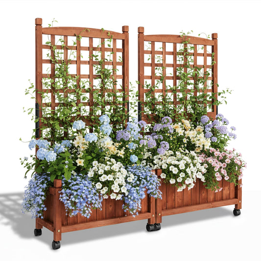 VINGLI 2PC Wooden Planter with Trellis, 50" Height Elevated Garden Beds Outdoor with Wheels, FreeStanding Planter Box with Drainage Holes for Flower, Vegetable, Fruit, Herb in Garden, Patio, Balcony