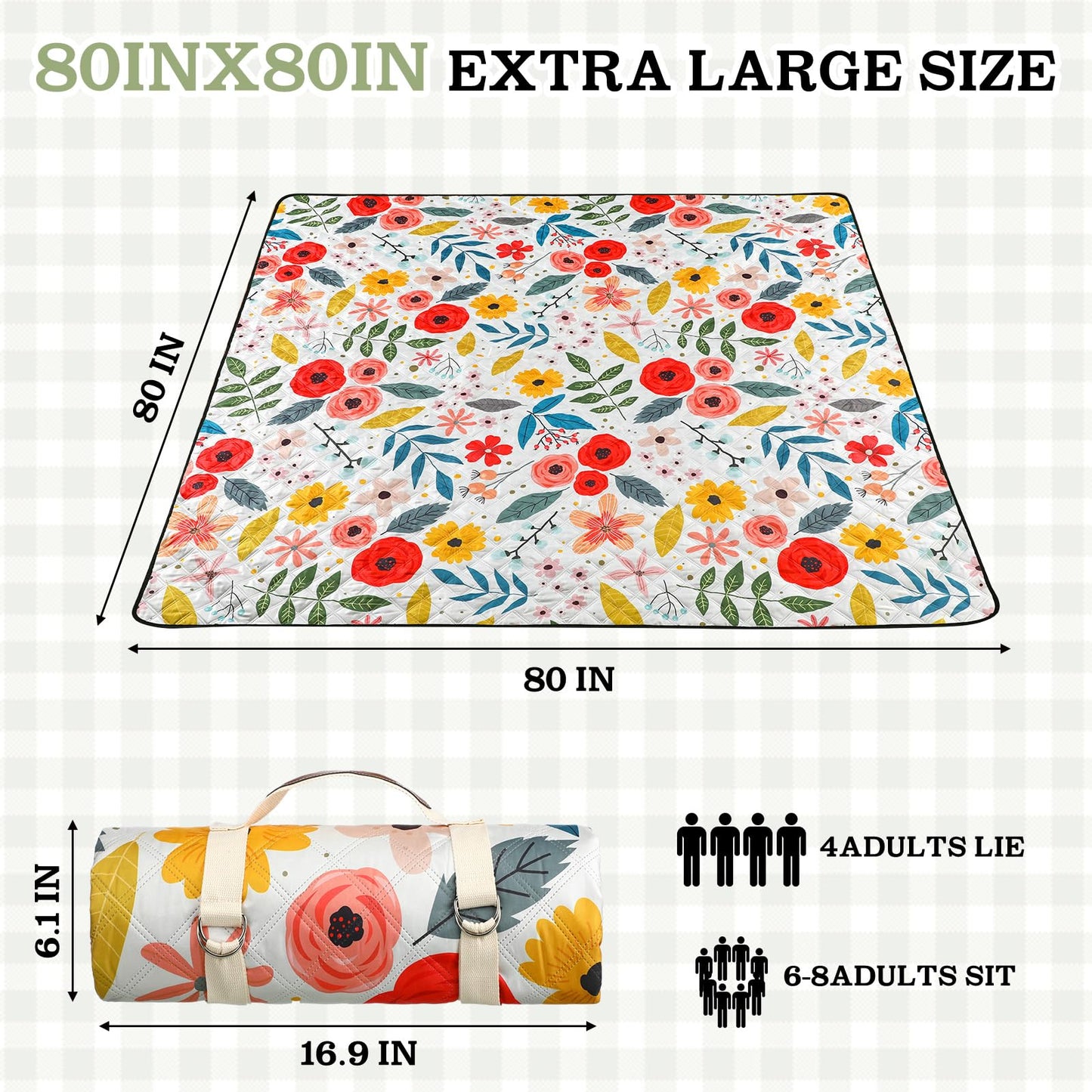 Tegeme Beach Picnic Blanket Floral Waterproof Outdoor Blanket 80''x80'' Extra Large Portable Sandproof Machine Washable 3 Layer Thick Gingham Picnic Mat for Beach Camping Park Grass(Beige)