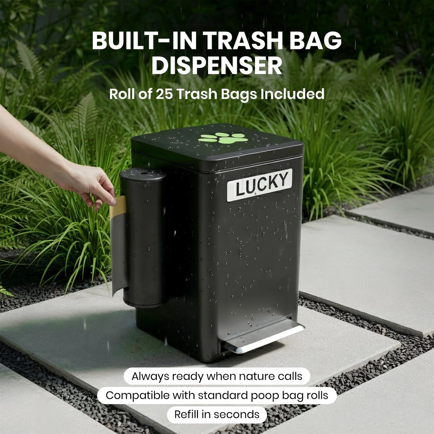 Dog Poop Trash Can Outside, 6L Metal Outdoor Dog Waste Bin with Lid & Soft Close Pedal, Pet Waste Container with Charcoal Filter, Removable Inner Bucket, Bag Holder, Stickers & Custom Name Plate