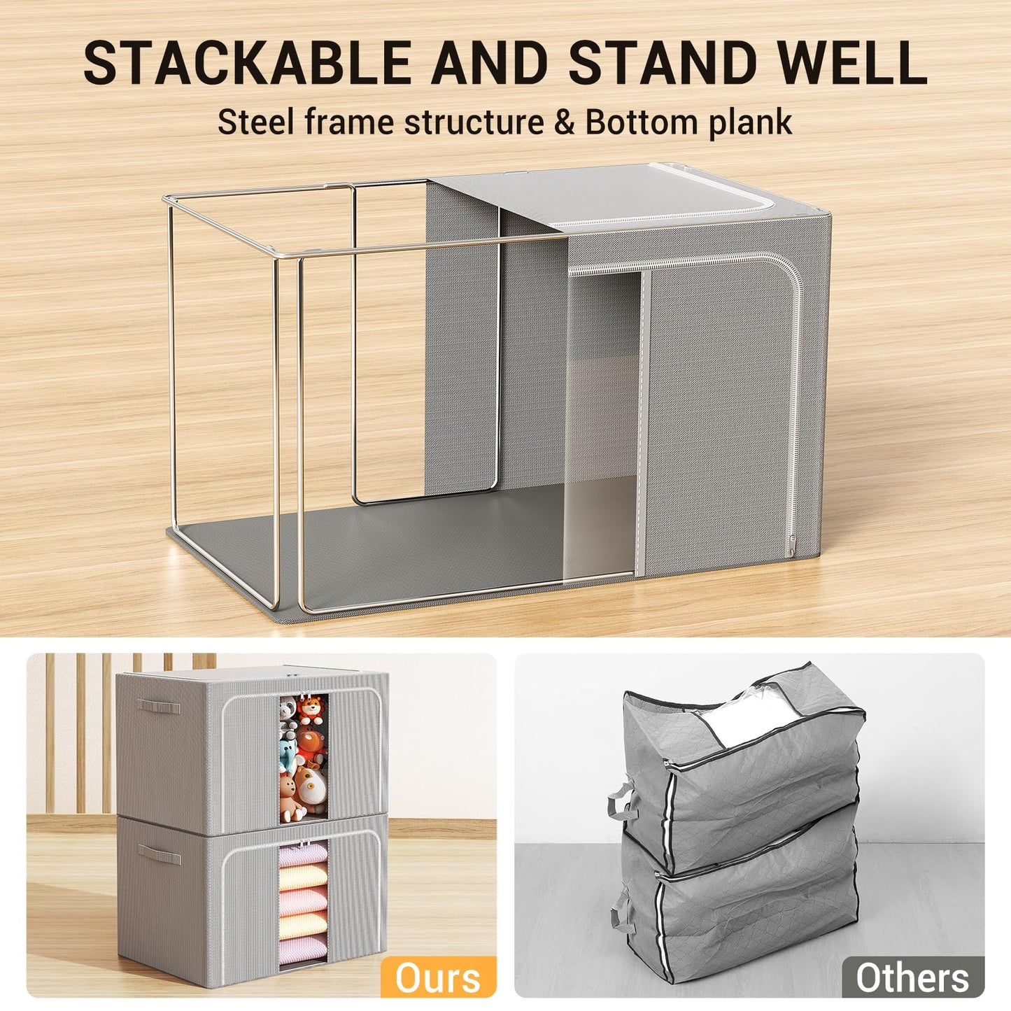 LeArex Clothes Storage Bins with Metal Frame Foldable Storage Box Clothes Organizers Storage Containers for Clothes Sheets Blankets Books Toys Gifts and Holiday Decorations (100Lx3 Pack)