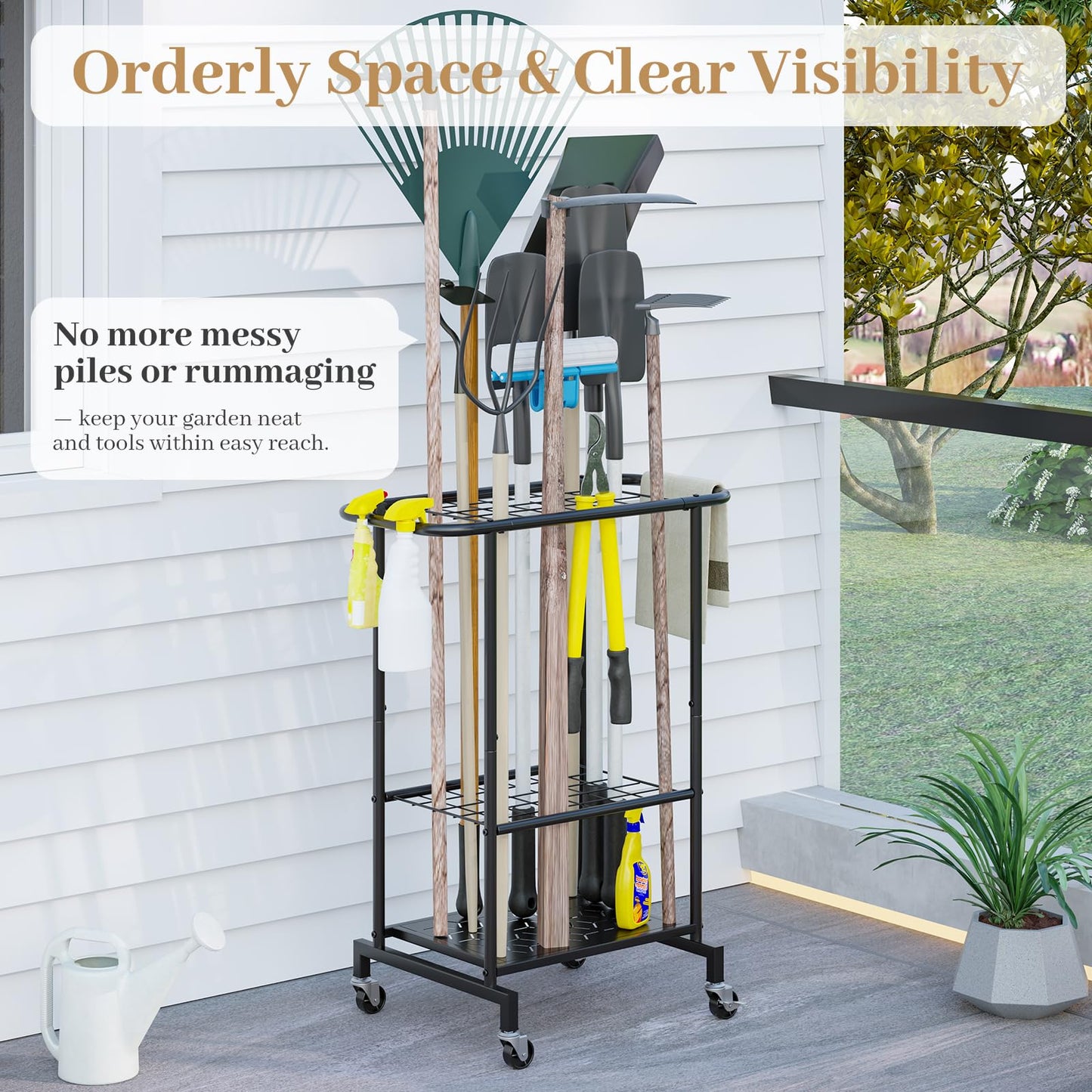AUGOHCMIL Garden Tool Organizer with Wheels, Heavy Duty Metal Garage Tool Storage Rack, Yard Tool Holder for Long-Handled Tools, Rakes and Brooms, Indoor and Outdoor Use for Shed, Patio