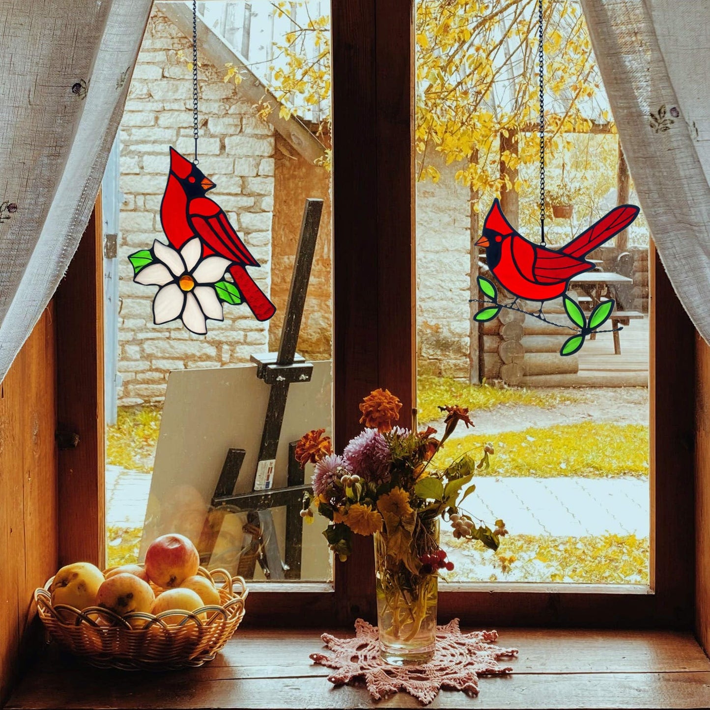 Lcensp 2 Packs Stained Glass Red Cardinal Memorial Gifts for Women, Stained Glass Window Hanging, Red Cardinal on Branch Ornament Suncatcher, Handmade Bird Decor Gift for Mom, Bird Lover