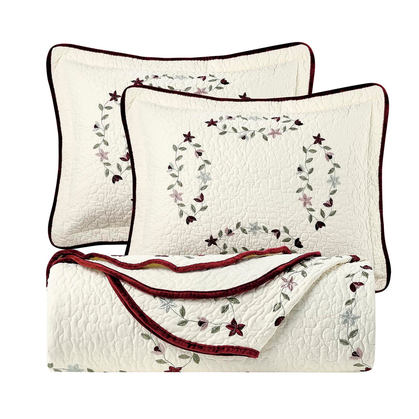 Sunshine Nicole Embroidery Quilt Set, Cotton Material and Filling, with Tranditional Embroidery Patten, 3 Pieces Queen Set, Prewashed