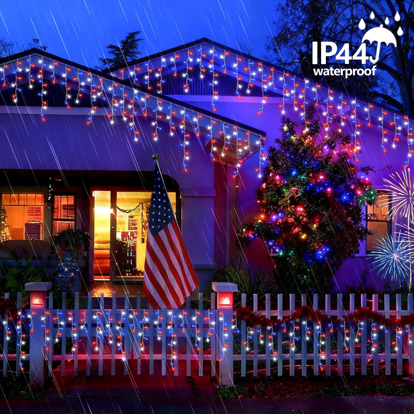 QITONG Red White and Blue Icicle Lights for Outside, 33ft 400 LED 4th of July Icicle Lights with 8 Modes, Clear Wire Connectable String Lights Plug in for Patriotic Independence Memorial Day Decor