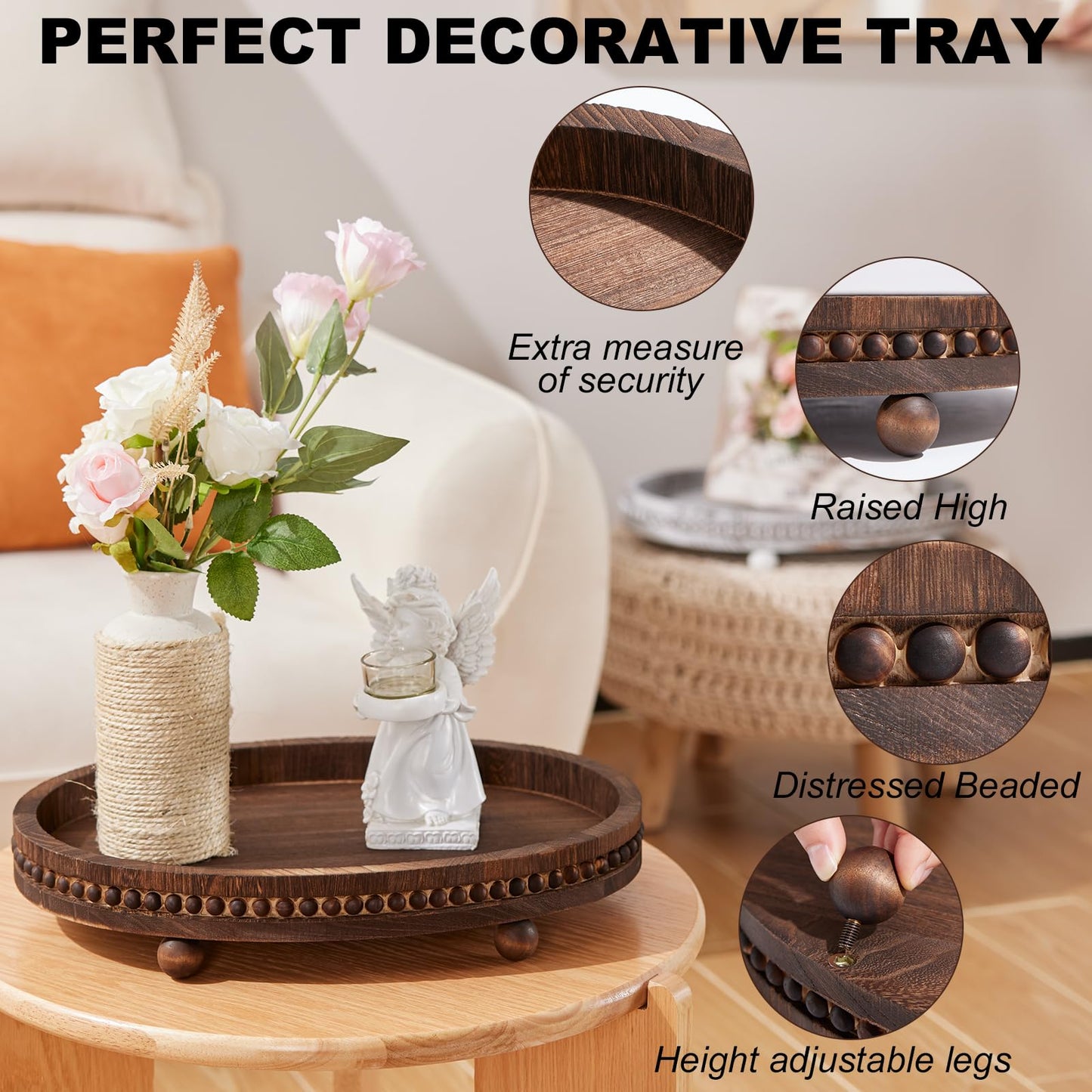 Wooden Decorative Tray-16×11.8in Wood Beaded Coffee Table Decor Tray, Rustic Farmhouse Decor Tray for Living Room, Bathroom, Kitchen Dining Table, Serving Tray Home Decor