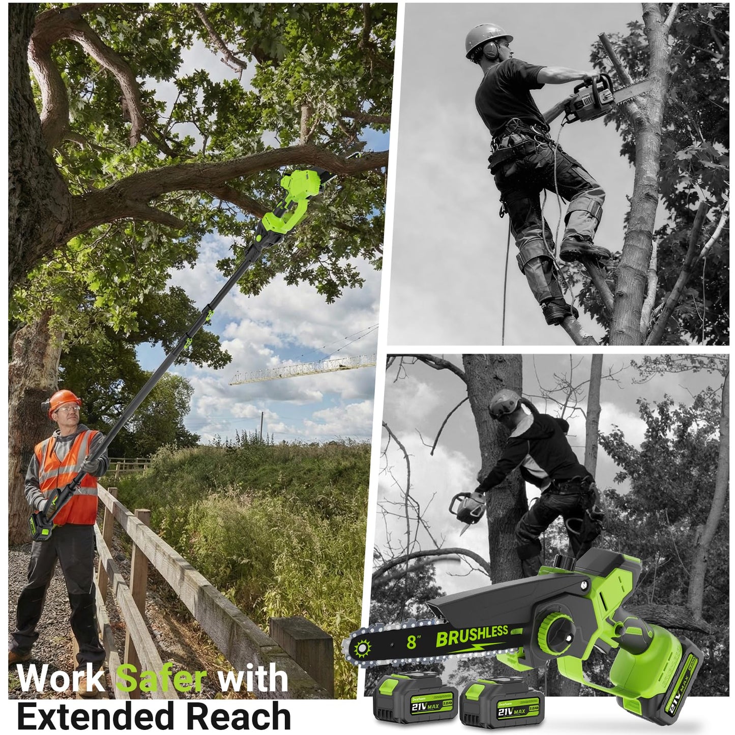 2-In-1 Cordless Electric Pole Saw for Tree Trimming, 8 Inch Chainsaw with 2 x 3000mAh Batteries, LCD Display, 15.6 FT Max Reach, 180° Adjustable Cutting Head for Tree Trimmer Limb Branch Cutter Pruner