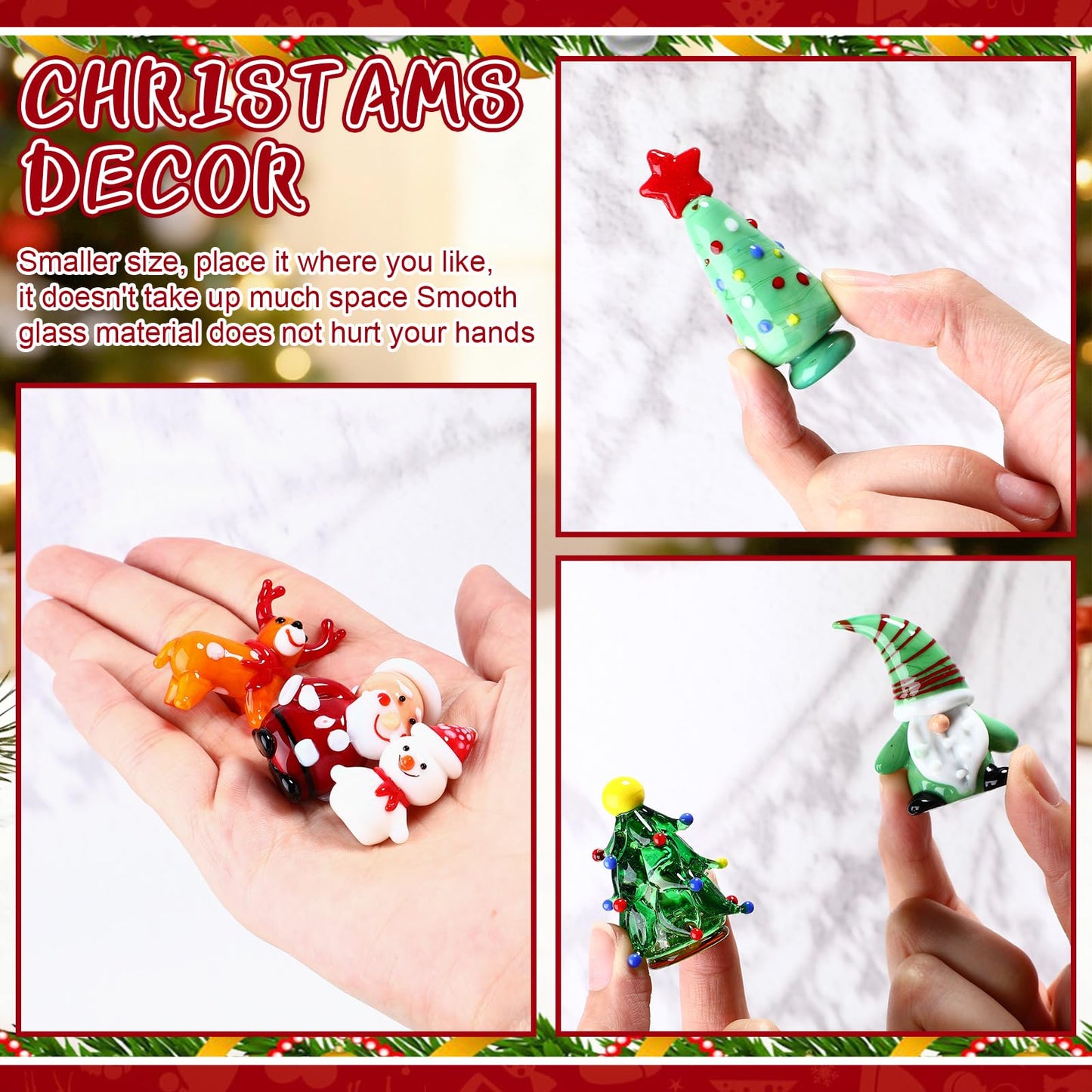 BrightRow 9 Pcs Blown Glass Christmas Tree Mini Christmas Figurines Sets Include Snowman Gnomes Reindeer Santa Claus Miniature Holiday Ornaments for Tabletop Home Decorations