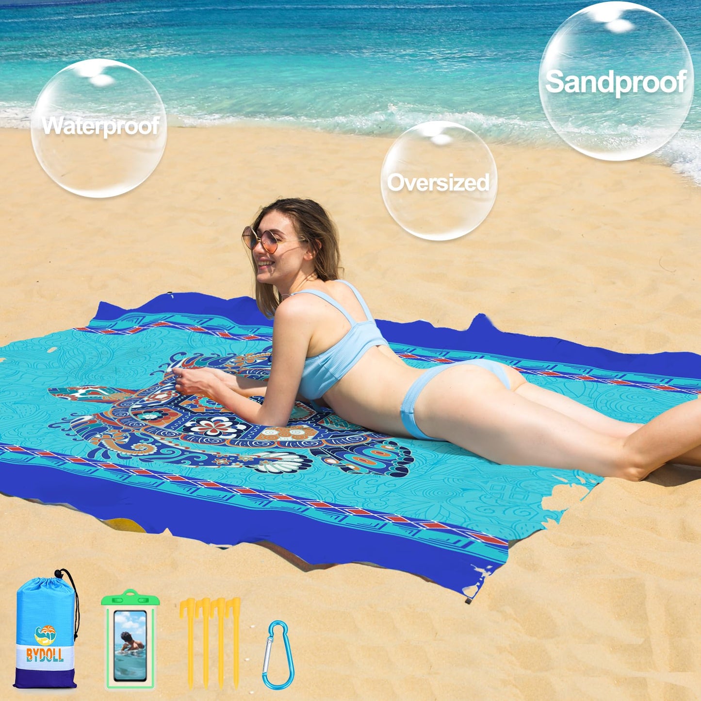 BYDOLL Beach Blanket Waterproof Sandproof Sea Turtle 78''×81'' 1-5 Adults Oversized Lightweight Large Picnic Mat Waterproof Sandproof Blanket for Beach Camping Hiking Travel