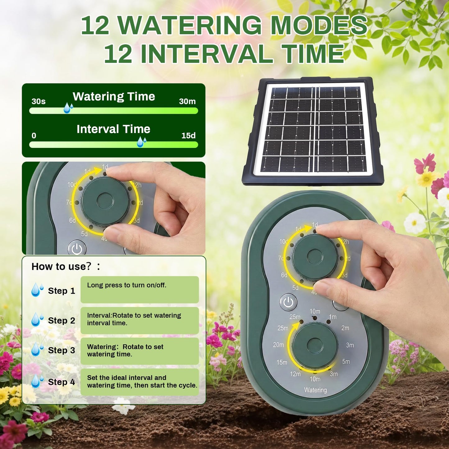 50FT Solar Automatic Drip Irrigation Kit System, Smart Self-Watering System with USB Charging for Outdoor Indoor Use, 2200mAh Automatic Watering System Supports 15 Pots for Garden, Balcony & Patio