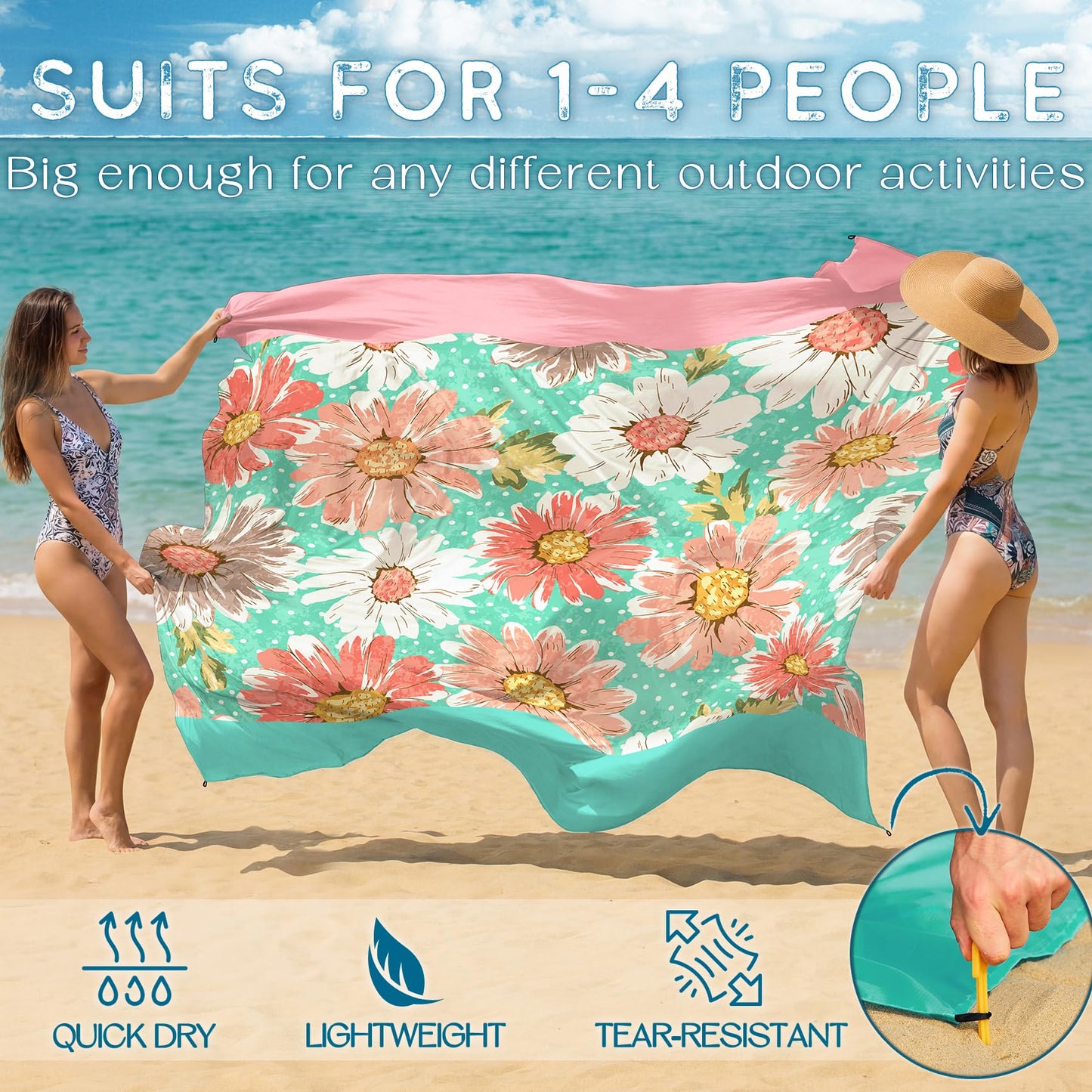BYDOLL Beach Blanket Waterproof Sandproof 78''×81'' Suits1-4 Adults Compact Lightweight Oversized Sand-Free Blanket Large Picnic Mat for Beach Travel Camping Hiking
