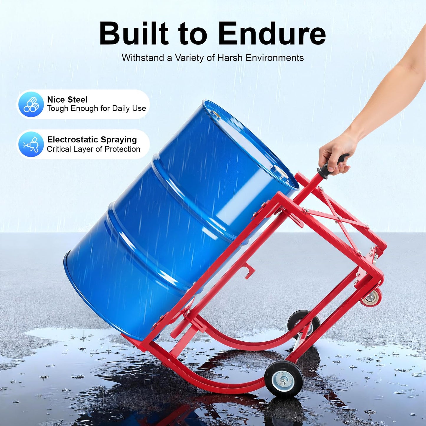 55 Gallon Drum Cradle, 600lbs Capacity Oil Drum Cart Rack with 4 Wheels and Retractable Drawbar, Steel Round Drum Handling Cradle for Workshops, Factories, Warehouses