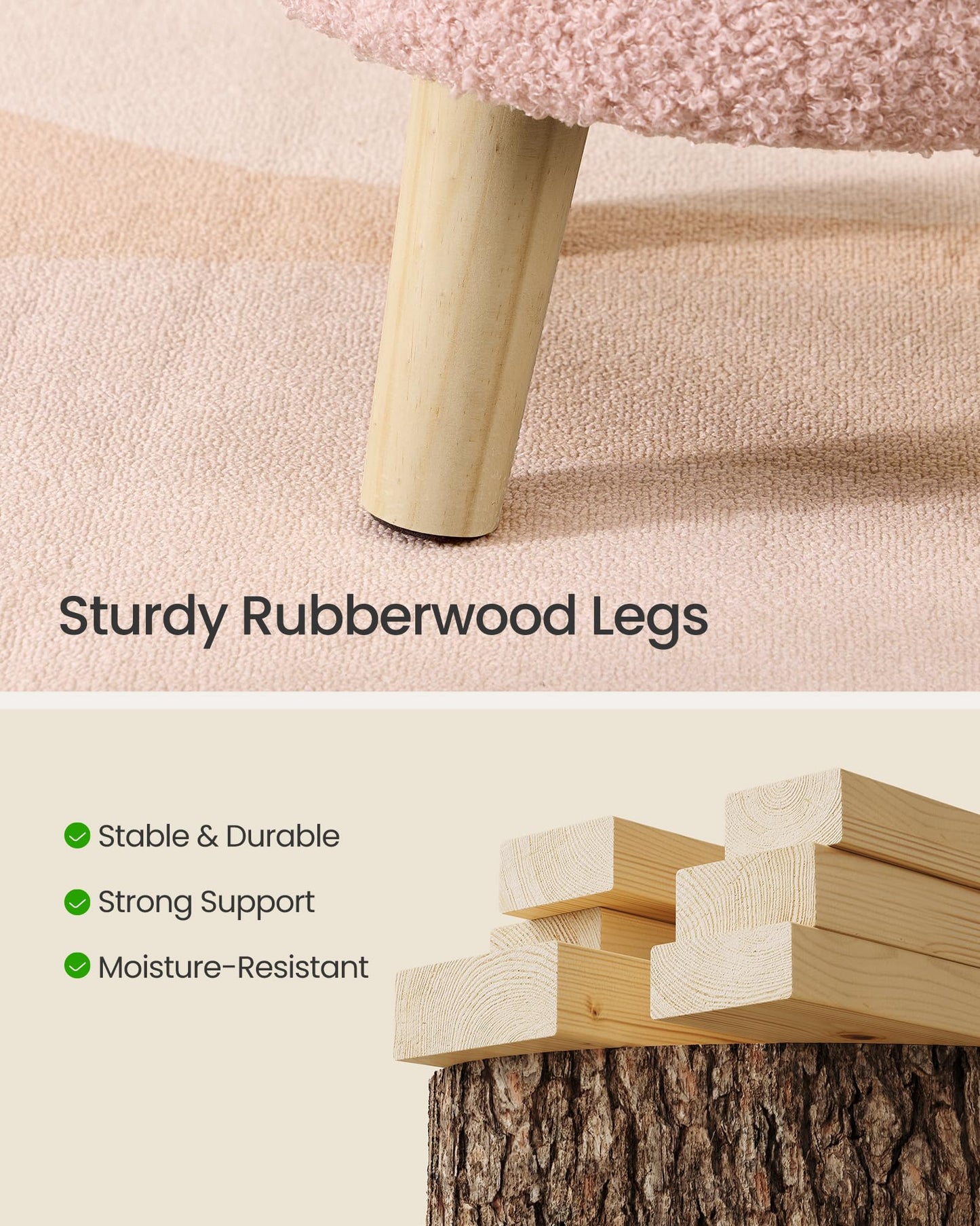 SONGMICS Storage Ottoman, Foot Stool, Round Ottoman with Padded Seat, Foot Rest with Wood Legs, Small Table, for Hallway, Living Room, 12.2 Inches, Teddy Fleece, Jelly Pink ULOM515SA01