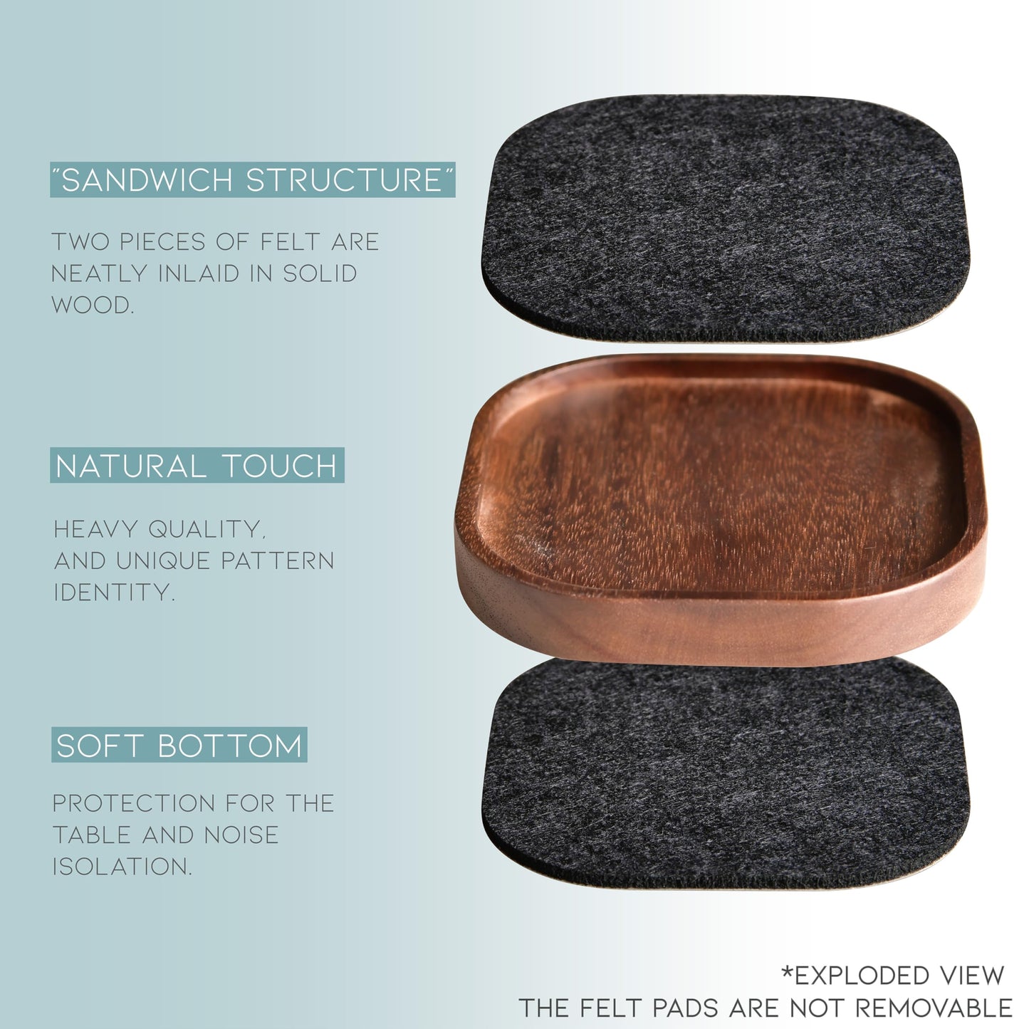 Wood Coaster for Drinks, Set of 6, Squircles Absorbent and Insulation Felt Stackable Cup Holders, Coasters for Wooden Table, Designed by S1EGAN
