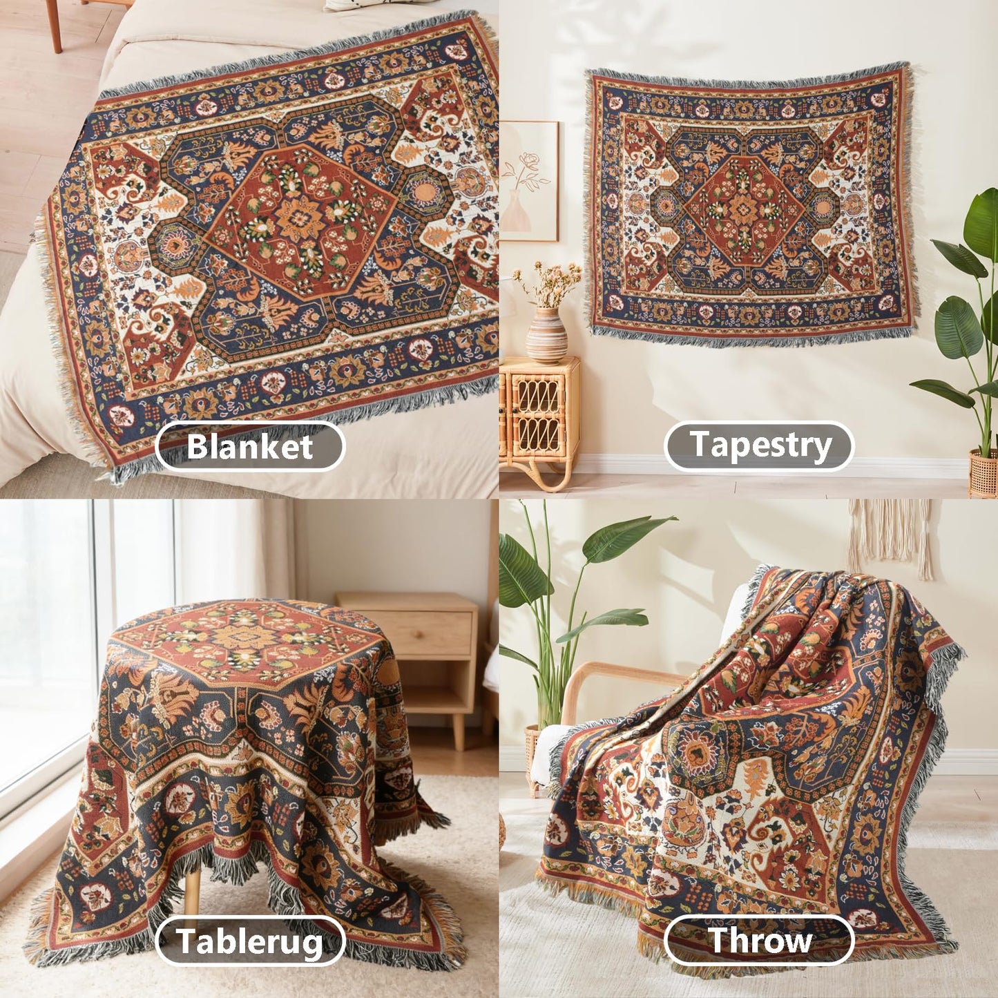 Shesyuki Boho Throw Blanket Reversible Cotton Bohemian Tapestry Hippie Room Decor Outdoor Blanket Double Sided (Boho Patten 50"x60")