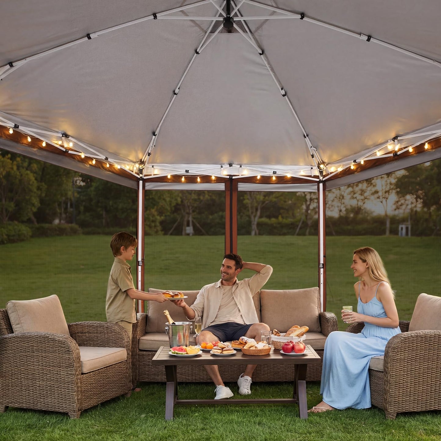 COBIZI 13x13 Pop up Gazebo, Hexagonal Outdoor Canopy Tent with Mosquito Netting, Portable 6-Sided Gazebo Tent, Waterproof, UV Resistant Height for Backyard, Gardens, Patio（Brown）
