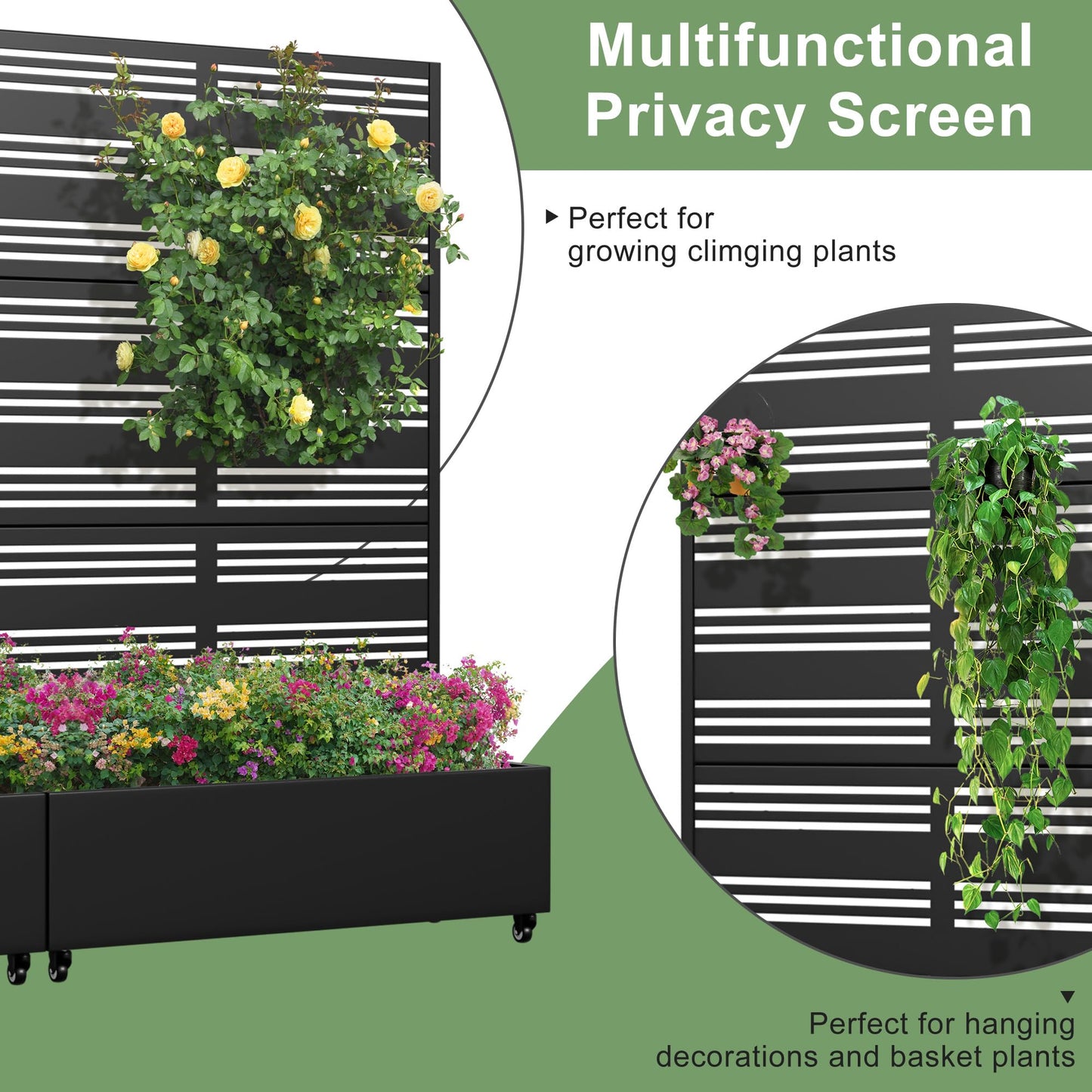 Casaphoria Metal Raised Garden Bed with Trellis and Wheels, 72"x47"x16" Planter Box for Climbing Plants, Vegetables & Vines, Features Drainage Holes and Privacy Screen (Black-Harold)