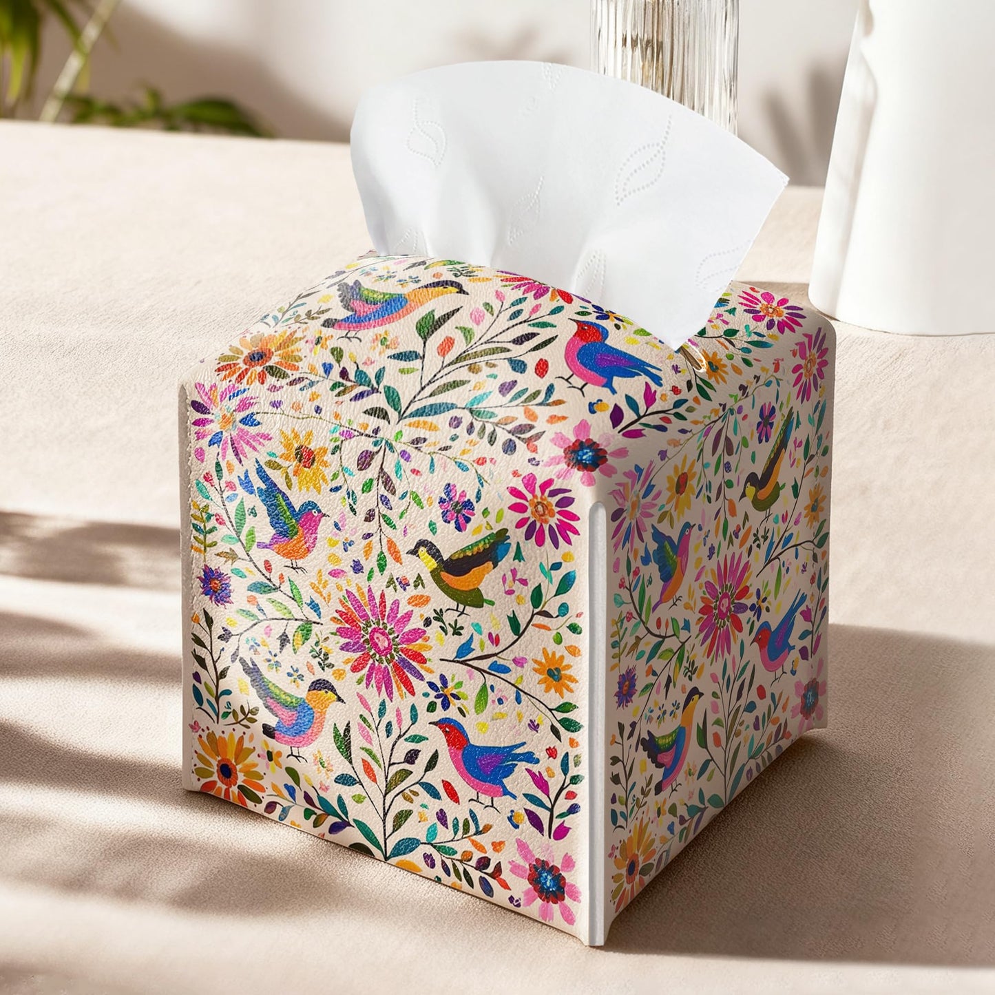 Floral Bird Tissue Box Holder, Scandinavian Leather Tissue Box Cover Square with Bottom Belt, Paper Napkins Everyday Dispenser for Bathroom Night Stands Kitchen Office Car Home Decor