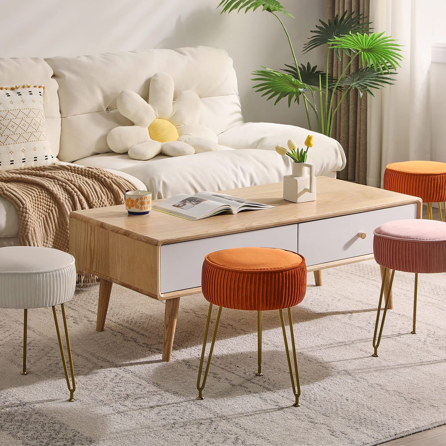 IBUYKE Velvet Round Footrest Stool Ottoman, Makeup Vanity Stool Side Table, Velvet Dressing Table Seat, Pouf Couch Stool, Golden Steel Legs, Orange LG-30J