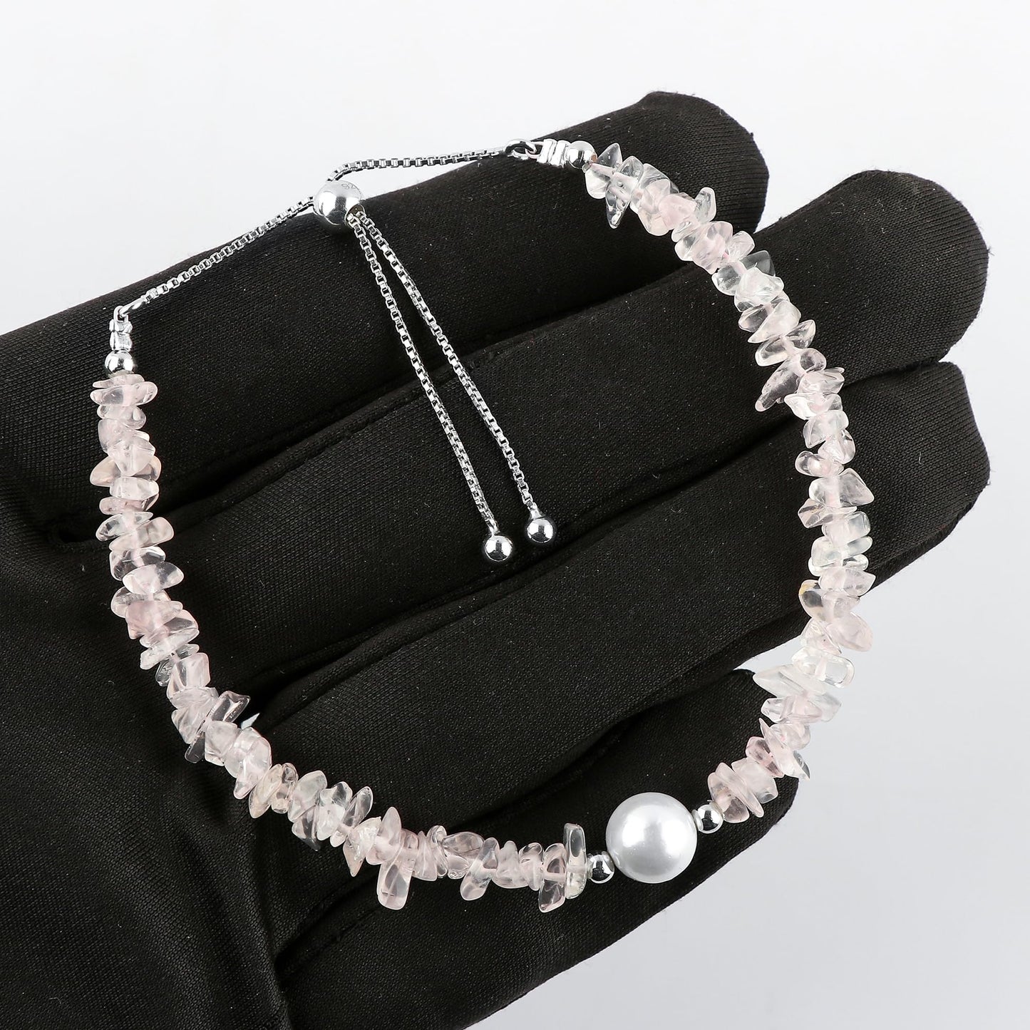 CRYSTALIS Natural Rose Quartz Beads Slider Bolo Bracelet with Elegant Pearl, High Grade Nuggets Crystal, Chakra Healing Gemstone, Gift Giving Women Jewelry, 925 Sterling Silver Slider 10 inch