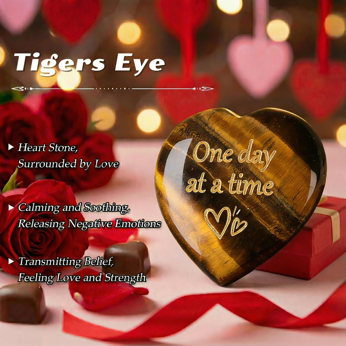 QINJIEJIE Tiger Eye One Day at A Time Heart Stones Healing Crystal Thinking of You Gifts for Anxiety Relief Items You Got This Inspirational for Best Friend Encouragement Gift for Women Men