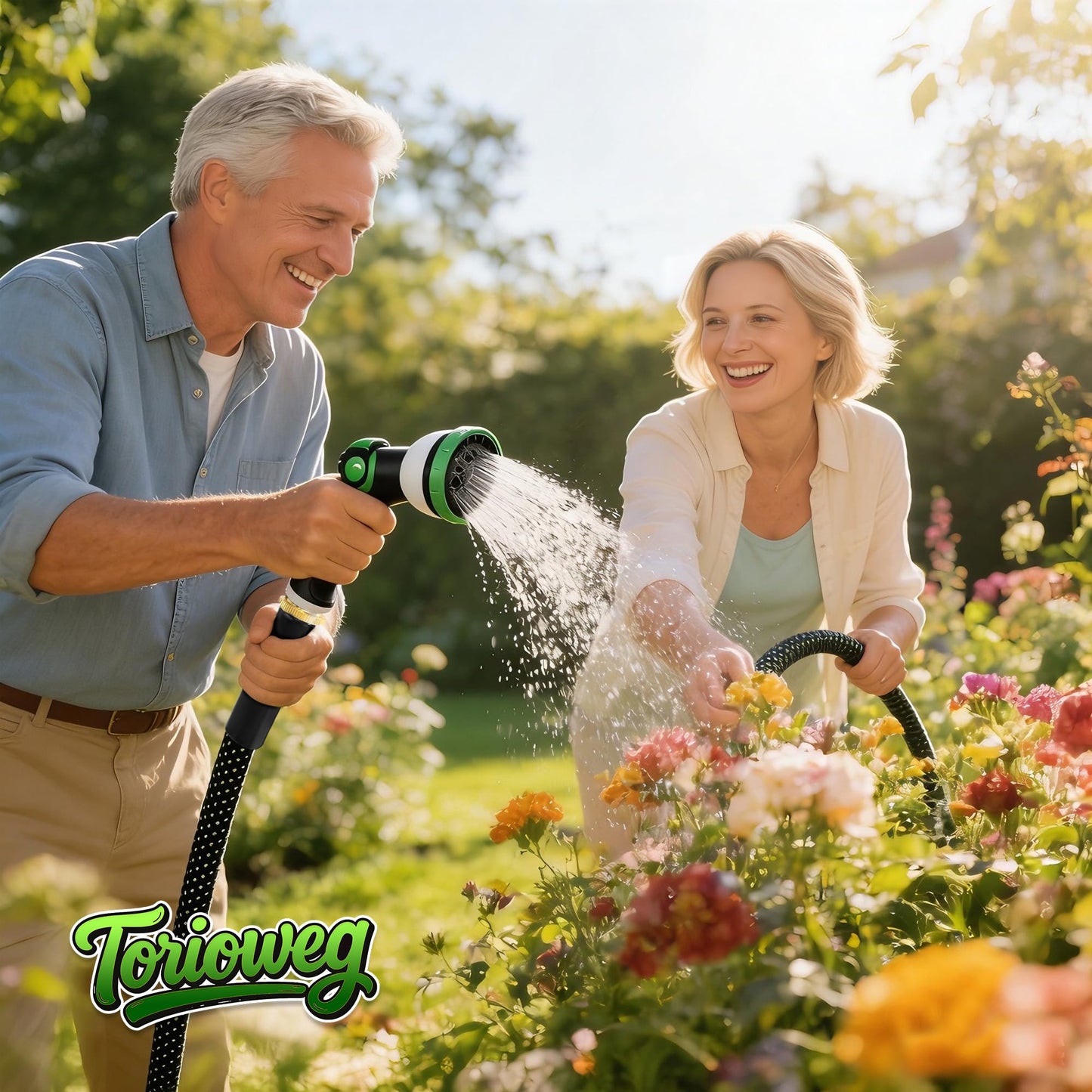 Torioweg Garden Hose 50ft - Lightweight Water Hose, with 10-Pattern Nozzle, Triple-Layer Construction, All-Weather Hose,Flexible and Anti-Kink, Durable for Watering, Outdoor Use