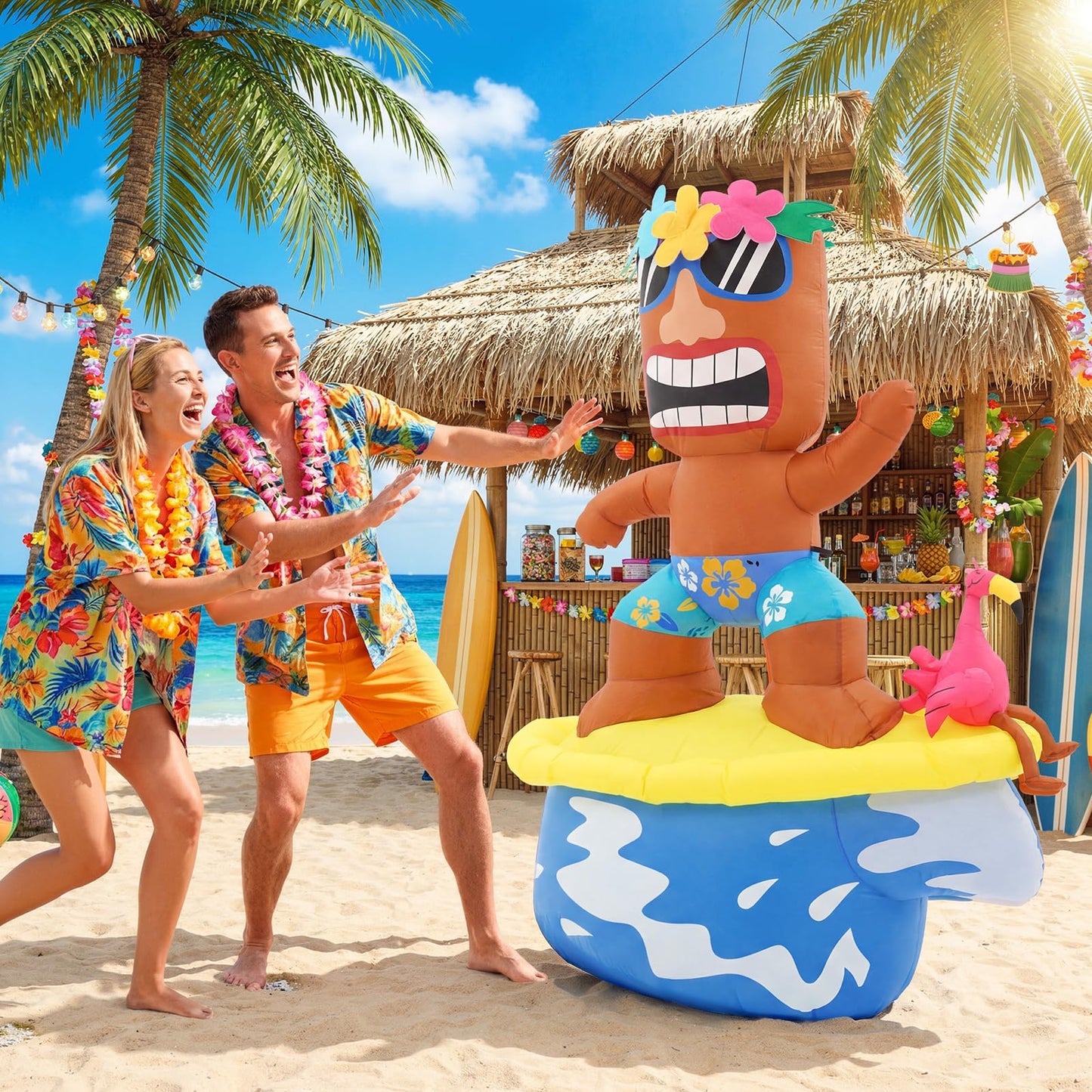 GUDELAK 5FT Flamingo Inflatable Tiki Surfboard Luau Party Decorations, Summer Inflatables Outdoor Decorations with LEDs and Blower, Tiki Blow Up Flamingo for Tropical Beach Pool Summer Yard Decor