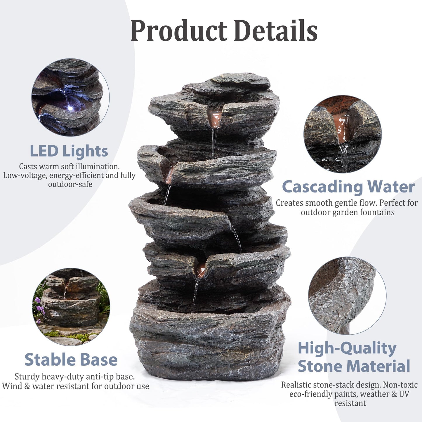 Anunweldo 19.7" Tall Outdoor Water Fountain, 5 Tier Cascading Bowls and Stacked Water Fountain with LED Lights, for Yard Décor, Backyard, Patio and Deck (19.7'')