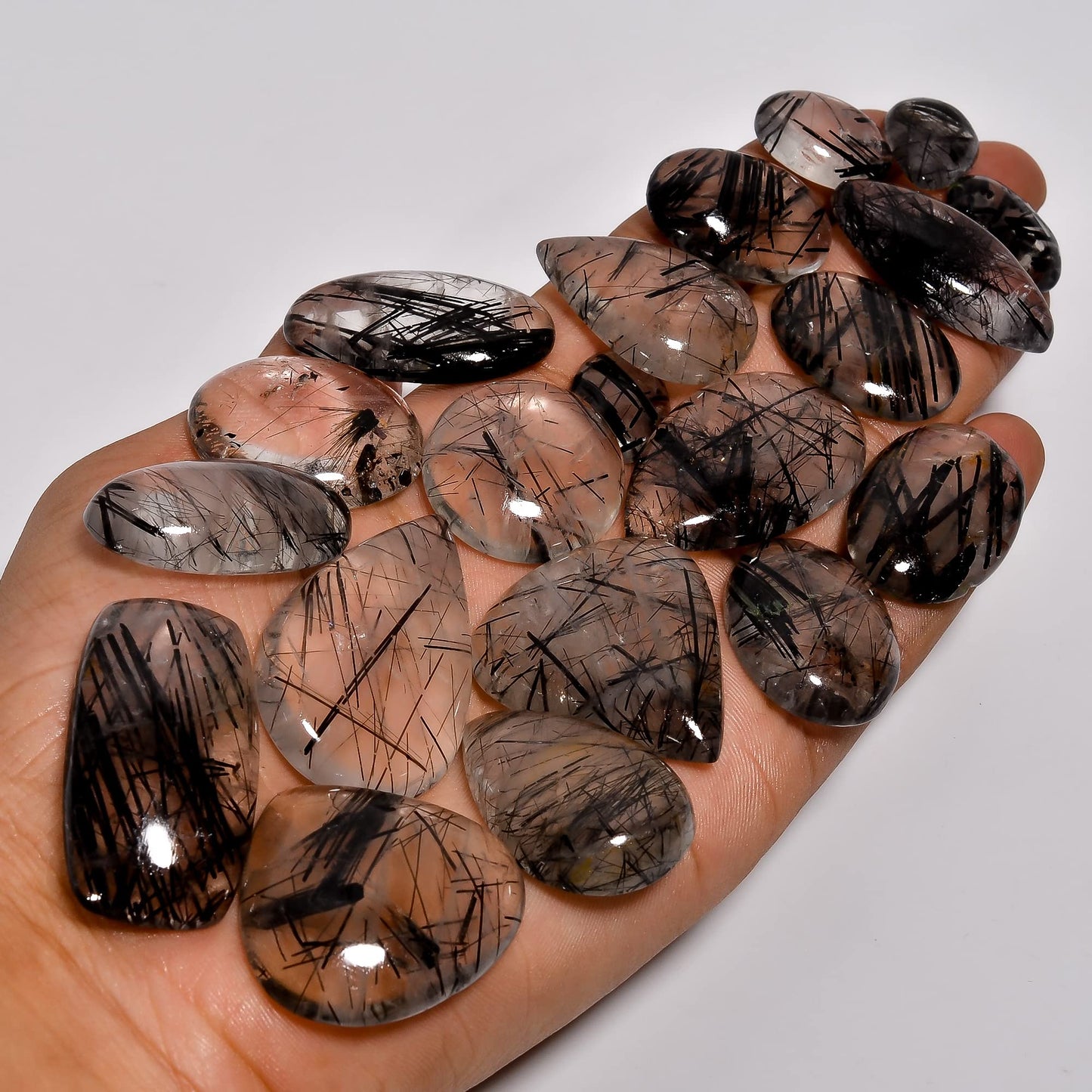 Natural 5, 4 & 3 Pcs Gemstones Cabochons Lot (15–30 MM), Multi Shape Stones for Jewelry Making Supplies Healing Crystals Gems Loose Gemstones (black rutile, 5pcs)