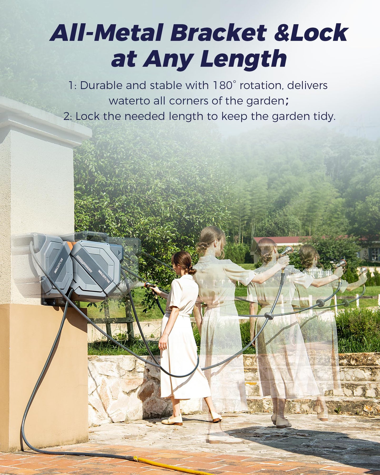 Retractable Garden Hose Reel, 5/8 in x100 ft Heavy Duty Wall Mount Water Hose Reel with Metal Bracket & 9-Pattern Metal Nozzle, Any Length Lock, Slow Retraction and 180° Swivel