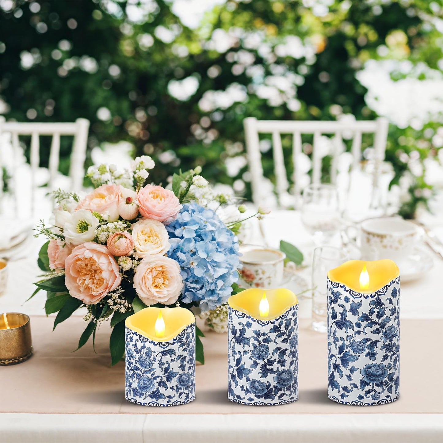 Lebaley 3PCS Chinoiserie Flameless Candles – Blue and White Porcelain Candles with Remote,Floral Battery Operated LED Candles,Blue Pillar Candles Chinoiserie Decor for Home Weddings Party Festivals
