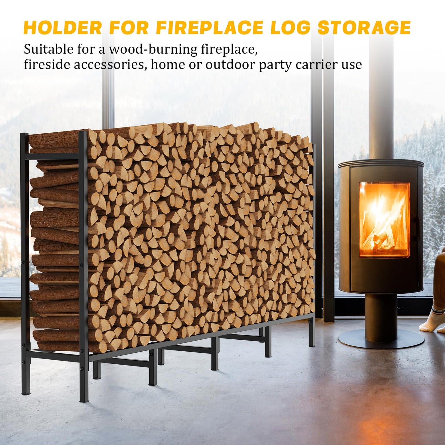 Outdoor Firewood Storage Holder with Cover, Heavy Duty Metal Indoor Log Stacker Rack with Weather Resistant 600D Oxford Fabric Cover, Wood Pile Storage Carrier Organizer Stand for Fireplace, Black
