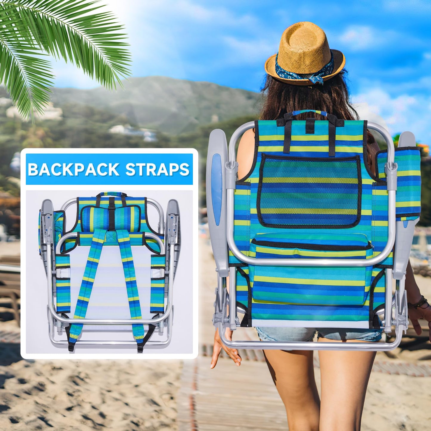 Canpsky 2 Pack Lightweight Portable Camping Beach Chair for Adults, Outdoor Lay Flat Folding Beach Chairs with 5 Positions, Backpack Beach Chair with Towel Bar, Zipper Pouch, Cup Holder, Ocean Striped