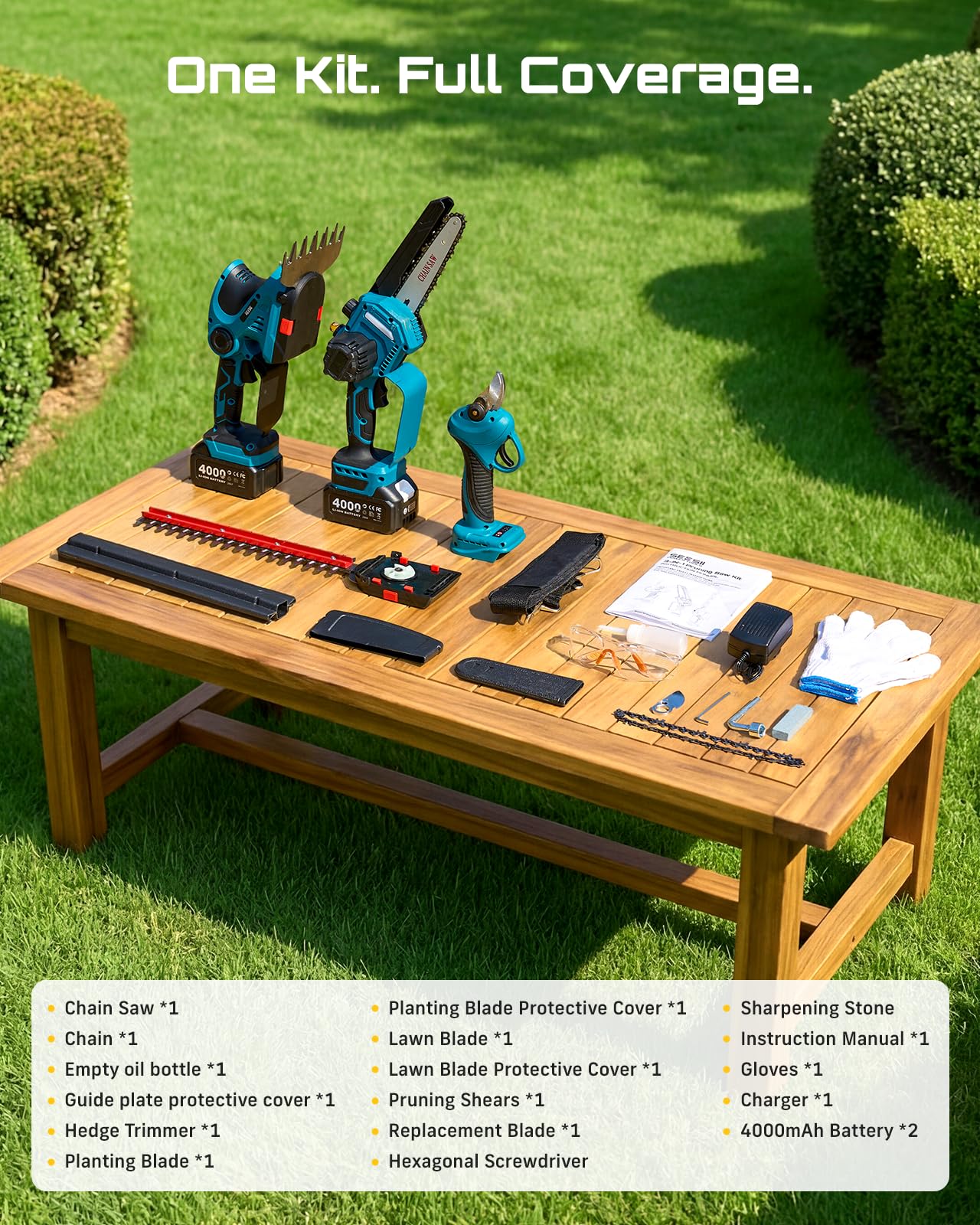 SEESII Electric Chainsaw Trimmer Pruner: 3-in-1 Cordless Chainsaw, Hedge Trimmer, Pruning Shears with 2× Rechargeable 4000mAh Batteries, Garden Tool Kit for Tree Trimming and Branch Cutting