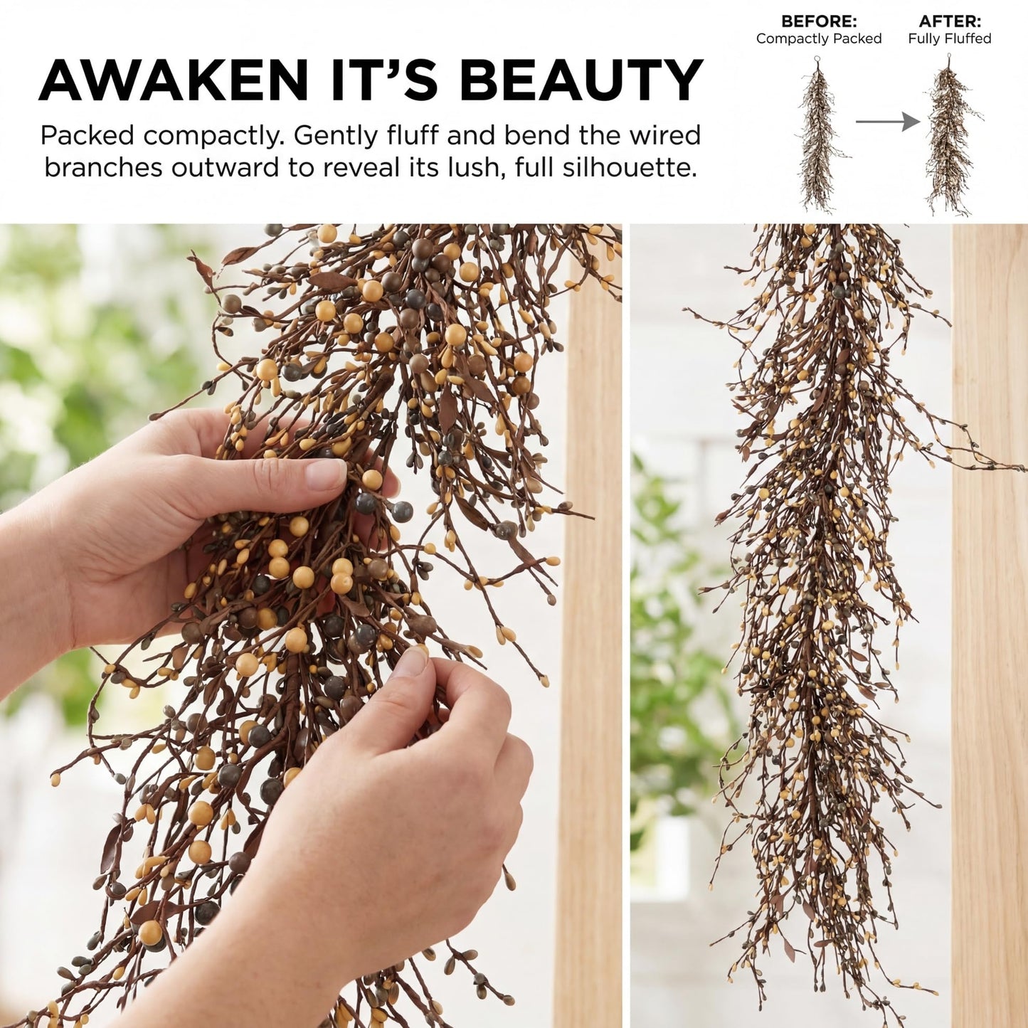 Quixem 60 Inch (5FT) Rustic Grey Cream and Tan Pip Berry Garland for Fireplace Mantel & Table Runner, Flexible Wired Artificial Vine, Everyday Farmhouse Decor, Precise Size