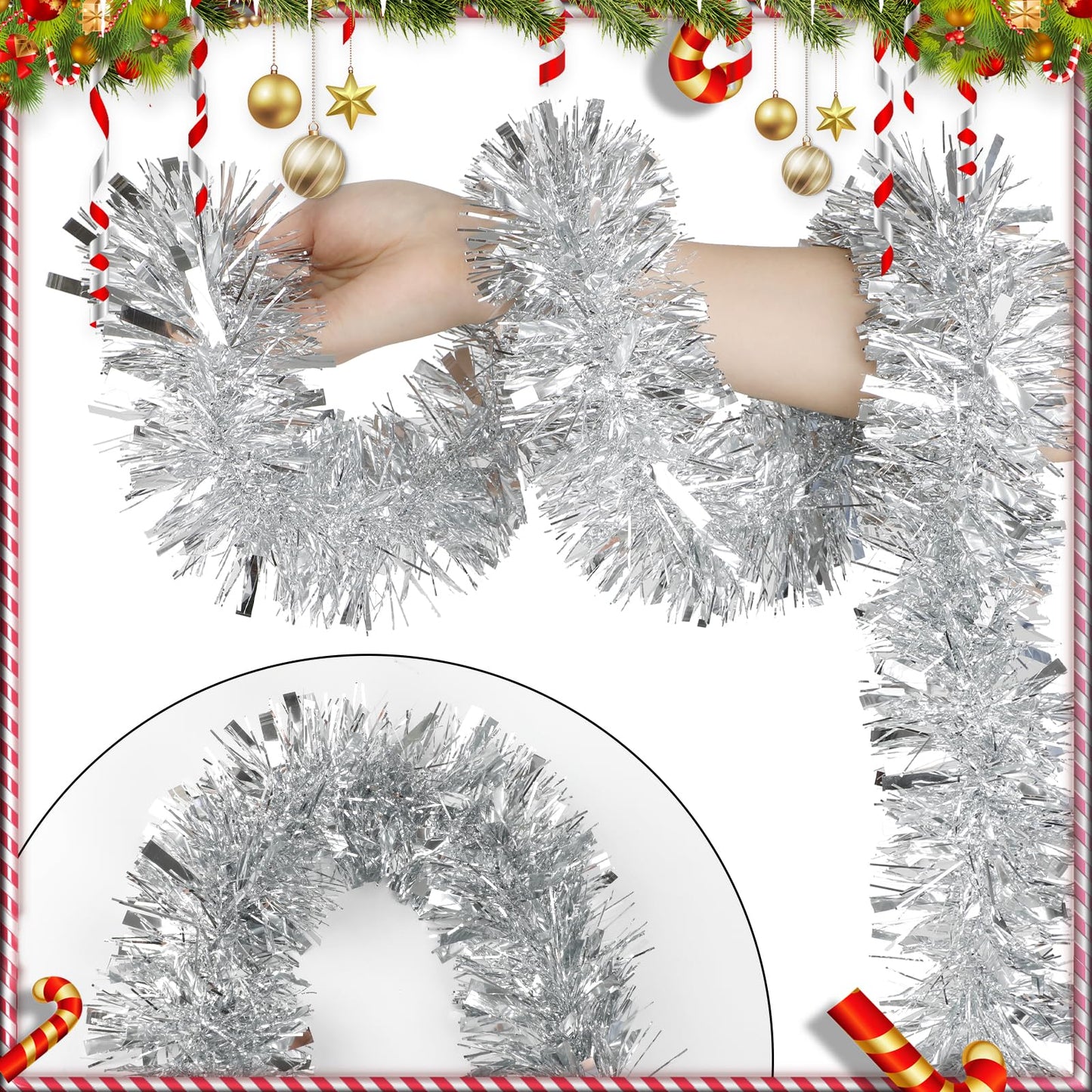 DECORA 33 Feet Silver Tinsel Garland, Christmas Metallic Hanging Tinsel Garland for Xmas Tree Home and Party Decoration