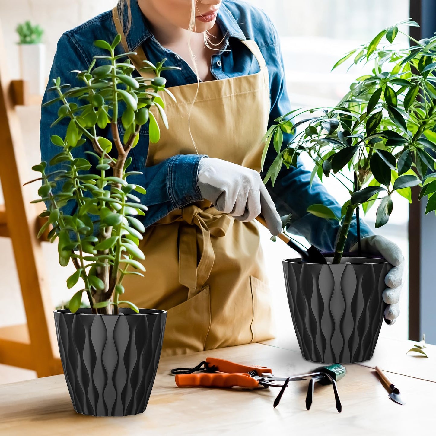 GDJUQZ 6 Pack 7 Inch Indoor Plant Pots with Drainage Holes, Outdoor Plastic Decorative Flower Pots, Garden Planters with Tray Saucers for Orchids, Violets, Succulents, Herbs, and Other Plants