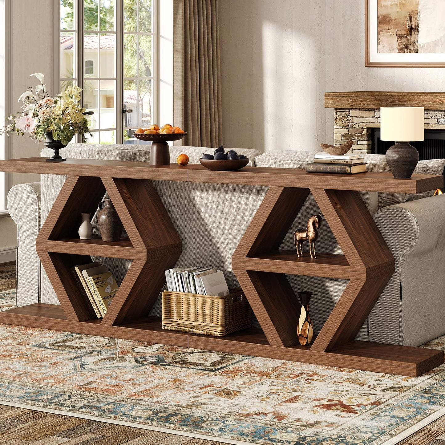 39.4-Inch Farmhouse Console Table for Entryway, Wood Behind Couch Table with Storage Shelves, Rectangular Sofa Table, Narrow Entryway Table for Entrance, Hallway, Foyer, Living Room, Entry Way Table