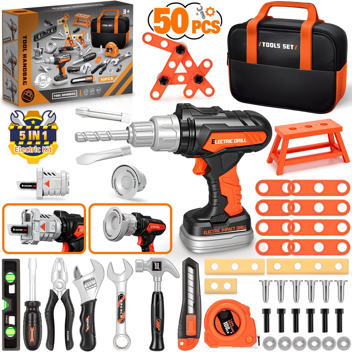 50PCS Kids Tool Set for Boys Ages 3 4 5 6 Years Old - Pretend Play Construction Tool Kits with Portable Tool Bag & Electronic Toy Drill, Toddler Tool Set, Christmas & Birthday Gifts for Boys